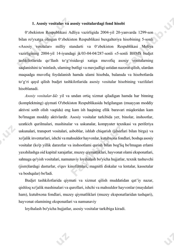 g boshlang'ich qiymati deganda asosiy vositani barpo etish (qurish va oxirigacha qurib yetkazish) yoki asosiy vositalami sotib olish bo'yicha haqiqatda qilingan xarajatlar qiymati tushuniladi. asosiy vositani olib kelish va montaj qilish, o'rnatish, foydalanishga topshirish va uni tayinlanishiga muvofiq foydalanish uchun aktivni ish holatiga keltirish bilan bog'liq bo'lgan har qanday boshqa xarajatlar hamda to'langan va qoplanmaydigan soliq(yig'im)lar budjet tashkilotlarida asosiy vositalarning boshlang'ich (dastlabki) qiymatiga kiritilmaydi. asosiy vositaning qayta tiklash qiymati deganda asosiy vositaning qayta baholashni hisobga olgan holdagi qiymati tushuniladi. asosiy vositalarning boshlang'ich (dastlabki) qiymati inflatsiya sur’atlarini hisobga olib vaqti-vaqti bilan o'zbekiston respublikasi hukumatining qarori bilan qayta baholanadi. budjet tashkilotlarida asosiy vositalar hisobi quyidagi ikkinchi tartibli schyotlarda (subschyotlarda) olib boriladi: 010-«binolar»subschyoti; 011-«inshootlan>subschyoti; 012-«uzatkich qurilmalari» subschyoti; 013-«mashinalar va uskunalan> subschyoti; 015-«transport vositalari» subschyoti; 016-«asboblar, ishlab chiqarish o'ihozlari bilan birga) va xo'jalik inventarlari» subschyoti; 017-«ishchi va mahsuldor hayvonlar» subschyoti; 018-«kutubxona fondlari» subschyoti; 019-«boshqa asosiy vositalar» subschyoti. asosiy vositalar hisobi uchun xizmat qiladigan barcha …