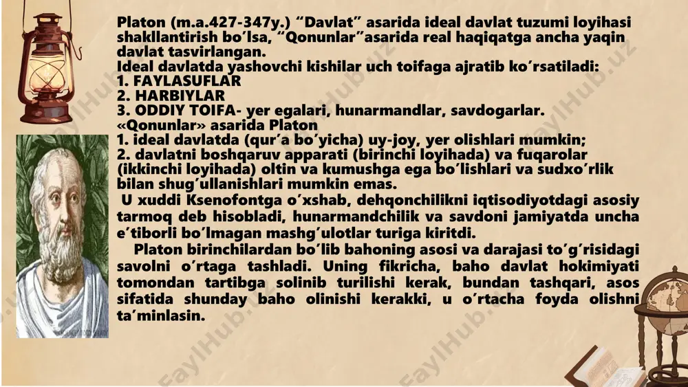 bu yerda u xususiy mulkni xo‘jalik yuritishda ustun qo‘yadi. konfutsiy aqliy mehnat bilan jismoniy mehnat farqini ko‘rsatib, aqliy mehnat bilan «yuqori» tabaqali kishilar, jismoniy mehnat bilan esa, asosiy qismi qullardan iborat bo‘lgan «oddiy» kishilar shug‘ullanadi, deb qayd qilib o‘tadi. konfutsiy ta’limotiga ko‘ra, bilimdon hukmdor – u «xalqning otasi», «to‘g‘ri amal qilishning» va boylikni ancha tekis taqsimlashning kafolati. uning tasdiqlashicha, alloh va tabiat tomonidan jamiyat toifalarga ajratilgan, shu bilan birga u har bir odamni ma’naviy yuksalishga da’vat etgan, kattalarga bo‘lgan hurmat qoidalari to‘g‘risida, farzandlik burchi to‘g‘risida, aka-ukalar o‘rtasidagi do‘stlik to‘g‘risida qimmatli fikrlarni ilgari surgan. konfutsiy ta’limotidan shu narsani ko‘rish mumkinki, agar reglamentlashtirilgan patriarxal munosabatlarda ustalik bilan xo‘jalik yuritilsa, «xalqda hamma narsa muhayyo bo‘ladi». e’tiboringiz uchun rahmat image1.png image2.png image3.jpeg image4.jpeg image5.png image6.png image7.jpg image8.jpg image9.jpg image10.png image11.jpeg image12.png image13.png image14.png image15.jpg image16.png image17.jpeg image18.png image19.png /docprops/thumbnail.jpeg