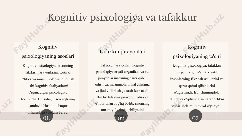 riladi. ijtimoiy ta'sirlar photo by angela compagnone on unsplash emotsional holat va tafakkur emotsional holatlar kognitiv jarayonlarga ta'sir qiladi. masalan, yaxshi kayfiyatda bo'lgan odamlar ma'lumotlarni yaxshiroq qabul qiladilar va muammolarni hal qilishda ijodiy yondashadilar. stress va kayfiyat o'zgarishlari kognitiv faoliyatga salbiy ta'sir ko'rsatadi. stressda bo'lgan insonlar diqqatini jamlashda qiyinchiliklarga duch keladilar. misollar: stressli vaziyatlarda, masalan, imtihon oldidan kayfiyat pasayishi, diqqatni jamlashni qiyinlashtiradi; yaxshi kayfiyat esa ijodiy fikrlashni oshiradi. photo by georgi kalaydzhiev on unsplash 1 2 3 tafakkur va motivatsiya motivatsiya va tafakkur o'rtasidagi aloqalar motivatsiya insonning o'z fikrlarini rivojlantirishi va maqsadlariga erishishida muhim rol o'ynaydi. psixologik nazariyalar shuni ko'rsatadiki, yuqori motivatsiya insonning kognitiv jarayonlarini yaxshilaydi va muammolarni hal qilish qobiliyatini oshiradi. masalan, o'zini motivatsiya qilgan shaxslar ko'proq ijodiy fikrlash va yangi g'oyalarni ishlab chiqish imkoniyatiga ega. bu, o'z navbatida, ularning shaxsiy va professional rivojlanishiga yordam beradi. o'z-o'zini motivatsiya qilishning ahamiyati o'z-o'zini motivatsiya qilish, shuningdek, insonning o'z fikrlarini boshqarish qobiliyatini …