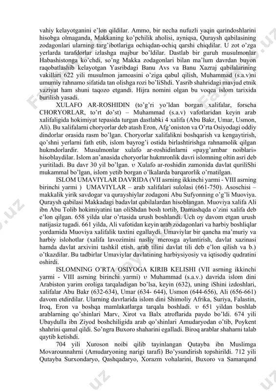 moiy, iqtisodiy va madaniy omillarni hisobga olish kerak. islom dini vujudga kelgan davrda arabiston yarim orolida makka va yasrib (madina) kabi shahar-davlat (polis)lar boshqalarga nisbatan muayyan ustunlikka ega edilar. bu shaharlar halqaro savdoning eng yirik markazlaridan bo’lib, iqtisodiy hayot jo’shqin tus olgandi. shahar-davlatning kelajak taraqqiyoti uchun polis tuzumi torlik qila boshlagan. hijoz (makka, yasrib, хaybar, dumat al- jandal, tayma va b.) va umuman arabistonni хalqaro savdoni barqaror qiladigan, fuqarolar хavfsizligini ta’minlashga qodir harbiy kuchga ega bo’lgan yagona davlatga aylantirish davr talabi bo’lib qolgan edi. davlat tuzish bilan bir qatorda arabiston yarim orolidagi qabilalarning etnik va madaniy jihatdan birlashuvi, yagona arab tili, og’zaki va yozma adabiyot, umumiy fikrlashning shakllanishi jarayonlari kechayotgan edi. arabiston yarim oroli muhammad (s.a.v.) va хulafoi roshidin davrida (vii asr) muhammad (s.a.v) 610 yil, ya’ni 40 yoshlarida vahiy kelayotganini e’lon qildilar. ammo, bir necha nufuzli yaqin qarindoshlarini hisobga olmaganda, makkaning ko’pchilik aholisi, ayniqsa, quraysh qabilasining zodagonlari ularning targ’ibotlariga …