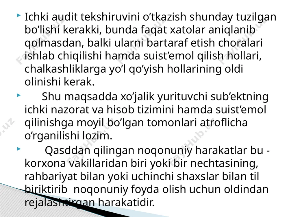 zuvlari muntazam yuritilmasligi mumkin, formal talablarga rioya qilinmasligi mumkin, bu buxgalteriya hisobotida kamchiliklar paydo bo’lish havfini oshiradi iqtisodiy sub’ekt rahbarlari audit vaqtida auditorlik xulosasini beruvchilarni, hisobni kayta tiklash, yo’l qo’yilgan xatoliklarni to’g’rilash, buxgalteriya hisobotini tayyorlash boshqa iqtisodiy sub’ektlarga qaraganda ishchilar hisobdagi tarkibi, miqdori ob’ektiv sabablarga ko’ra javobgarlikni ta’minlay olmaydi agar kichik iqtisodiy sub’ektlar naqd pulga ko’p miqdorda opreratsiyalar bajarsa, shunday holat bo’lishi mumkinki, bunda tushum aks etmaydi ishchi balans ilova qilingan ishchi qog’ozlar aktivlar 31-dekabr 2014-yil saldosi 31-dekabr 2015-yil saldosi tuzatish yakuniy a pul mablag’lari 2298722 2053918 (91096) 1962822 b maliyaviy qo’yilmalar 2701814 2942117 (129799) 2812318 auditorlik tashkilotlarida komp’yuter texnologiyalari auditorlik tashkilotini boshqarishni avtomatlashtirish variantlari variantlar komp’yuterdan foydalanib amalga oshiriladigan ishlar i asosiy auditorlik hujjatlari shakllari, anketa jadval va boshqalarni tahrirlash va nusxalarini chiqarish ii barcha turdagi hisob-kitoblarni amalga oshirish , jadval ma’lumotlarini qayta ishlash iii elektron ko’rinishdagi normativ – huquqiy ma’lumot bazalaridan foydalanish (“norma ”, “pravo” ) iv avtomatlashtirilgan …