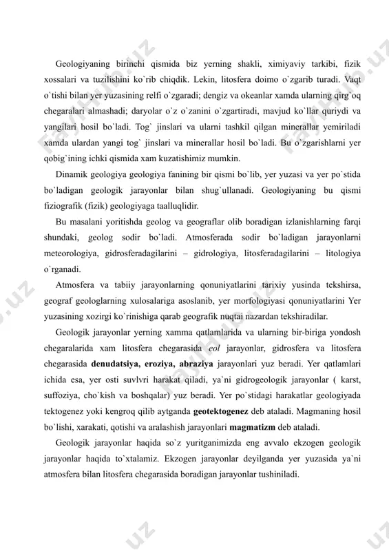 yilda angliya admirali f. bofort tomonidan taklif etilgan va xozirgi vaqtda uncha katta o`zgartirishlarsiz qabul qilingan 12-balli shkala buyicha o`lchanadi. shu jumladan 1946 yilda dovullar uchun 6 ga bo`linuvchi shkala qabul qilingan. nurash jarayoni nurash deb yer yuzasidagi va unga yaqin joy joylashgan tog` jinslari va minerallarni quyosh radiatsiyasi, suvning, xavoning va tirik organizmlarning mexanik va ximik ta`siri natijasida buzulishi va o`zgarishiga aytiladi. nurashni keltirib chiqaradigan faktorlarga qarab quydagicha bo`linadi: 1. fizik nurash, jinslarning tarkibi o`zgarmaydi faqat ularda maydalanish yuz beradi; 1. kimyoviy nurash, yuza va gurunt suvlari shuningdek atmosfera ta`sirida jinslar tarkibini o`zgarishiga olib keladi; 2. organik (biologik) nurash, organizmlar xayot faoliyatining ta`sirida sodir bo`ladi. nurashning barcha turkumlari bir-birini to`ldirib, doimo birga sodir bo`ladi, lekin ularning xarakteri va intensivligi o`rab turgan muxitga iqlim zonalariga uzviy bog`liq. fizik nurash fizik nurashning asosiy faktori, tog` jinslari va ularni tashkil etuvchi minerallar xajmini keskin o`zgarishiga sabab bo`luvchi temperatura hisoblanadi. bu nomuvofiqlik jinslarning …