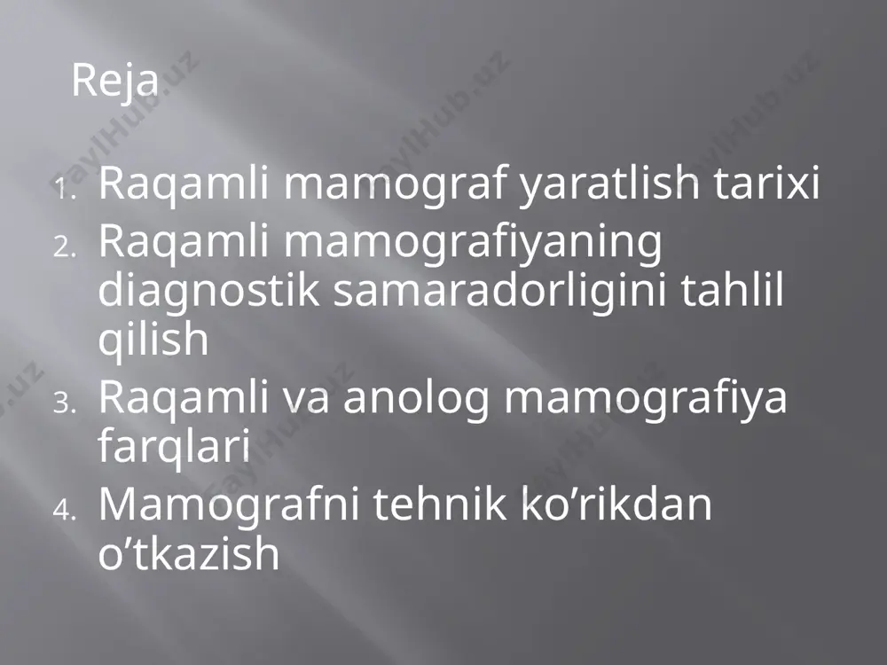 i aniqlashda muayyan bo'lib, yuqori sifatli tasvir va tafsilotli ma'lumotlar olish imkonini beradi. raqamli mammografiya yordamida, kasallikni oldini olish uchun tez va samarali davolanishni rejalashtirish mumkin. raqamli mammografiya, ko'krak kasalliklarini aniqlashning eng yaxshi usullaridan biridir va ko'krak kasalliklarini oldini olish va davolashda yordam beradi. mammogrammani o'tkazishda ko'krakni to'g'ri siqish muhim ahamiyatga ega. raqamli mamograf tashqi va ichki ko’rnishi mammografiya tizimidagi o'rnatilgan siqish plitasi qo'lda yoki oyoq tugmasi orqali sozlanishi va ko'krak qalinligi va bosimi displeyda ko'rsatiladi. siqish qattiq bo'lishi kerak, lekin haddan tashqari noqulay bo'lmasligi kerak; optimal siqish uchun standart qiymat yo'q. mammografiya paytida yetarli kompressiya quyidagi afzalliklarni beradi. radiatsiyaning kamroq tarqalishi tufayli loyqalik kamayadi. ko'krakdagi nurlarning kamroq qattiqlashishi tufayli yaxshilangan kontrast. radiatsiya dozasining kamayishi. tasvirning xiralashishini oldini olish. yaxshiroq tasvir geometriyasi. superimpozitsiya ta'sirini kamaytirish bilan to'qimalarni yaxshiroq ajratish, shu bilan birga yig'ish tasvirining o'lchamlari yaxshilanadi. mamografiya jarayonidagi aniqlik mamografiya jarayonidagi aniqlik: aniqlik ob'ektni chegaralari va o'lchamiga qarab vizualizatsiya qilishni …
