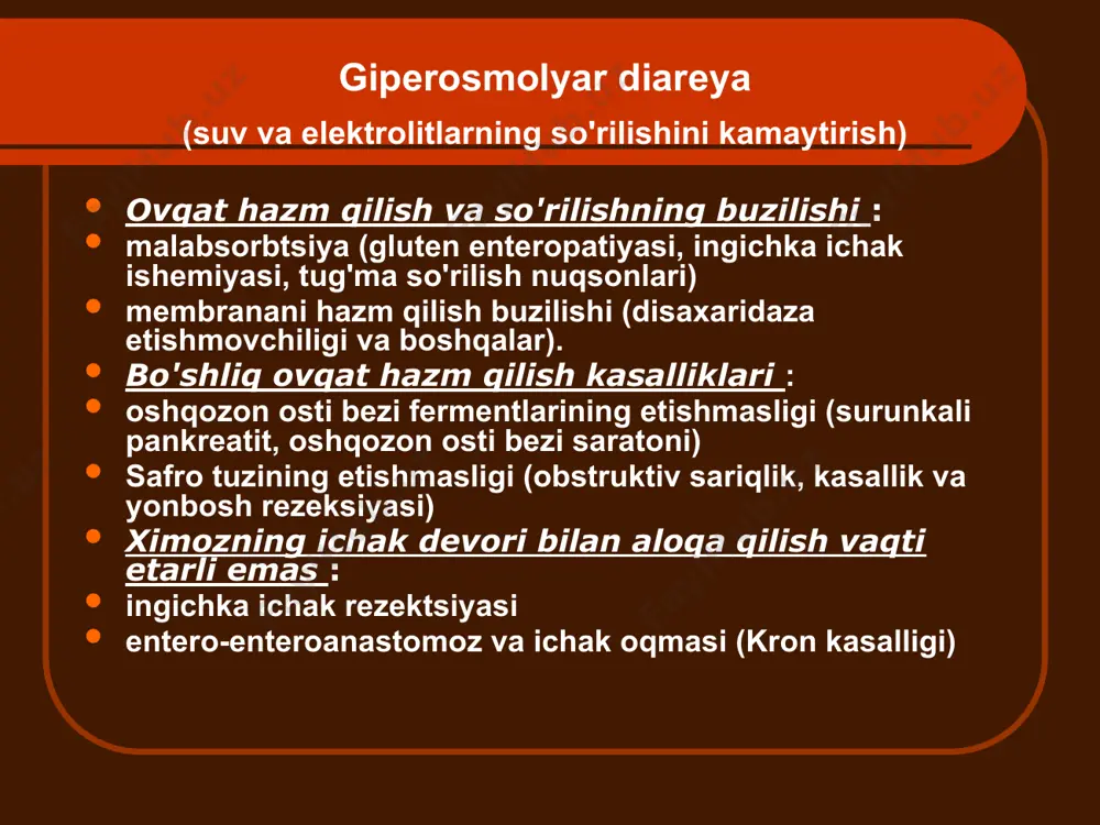 tlanishi kolik kabi qorin og'rig'i kamdan-kam hollarda eksikoz toksik gepatit kuchlanish to'xtatuvchisi enterokolit, kolit, gemokolit bilan kechadigan kasalliklar va yuqumli-toksik sindrom o'tkir dizenteriya ichak yersiniozi escherichiosis o157 uc antibiotik bilan bog'liq diareya amyobiaz gelmintozlar enterokolit, kolit, gemokolit bilan kechadigan kasalliklar infektsion-toksik sindromsiz ichak neoplazmalari endometrioz irritabiy ichak sindromi ichak yersiniozi gastrit, gastroenterit bilan boshlang o'ng tomonlama kolit, kamroq tez-tez - proktosigmoidit mezadenit gepatosplenomegali artrit ekzantema ikkilamchi fokal lezyonlar epidemiologik tarix (sabzavotli salatlarni iste'mol qilish) amyobiaz sekin-asta boshlash uzoq muddatli, takroriy kurs "malinali jele" ko'rinishidagi stul jigarning ishtiroki najasda eozinofillar mavjud. charcot-leyden kristallari, qizil qon hujayralari ustunlar shaklida sigmoidoskopiya nisbatan o'zgarmagan shilliq qavat fonida kichik giperemiya bilan xarakterli yopiq yaralarni aniqlaydi. epidemiologik tarixda - o'rta osiyo, zakavkazda qolish escherichiosis o157 gemorragik kolit bolalar va qariyalarda og'ir kurs murakkabliklar - gemolitik-uremik sindrom uc yiring va shilimshiqdan ko'ra ko'proq qon aralashmasi ko'pincha kuchli og'riq ichakdan tashqari ko'rinishlar (gepatit, bo'g'imlarning shikastlanishi, vazn yo'qotish, anemiya, …
