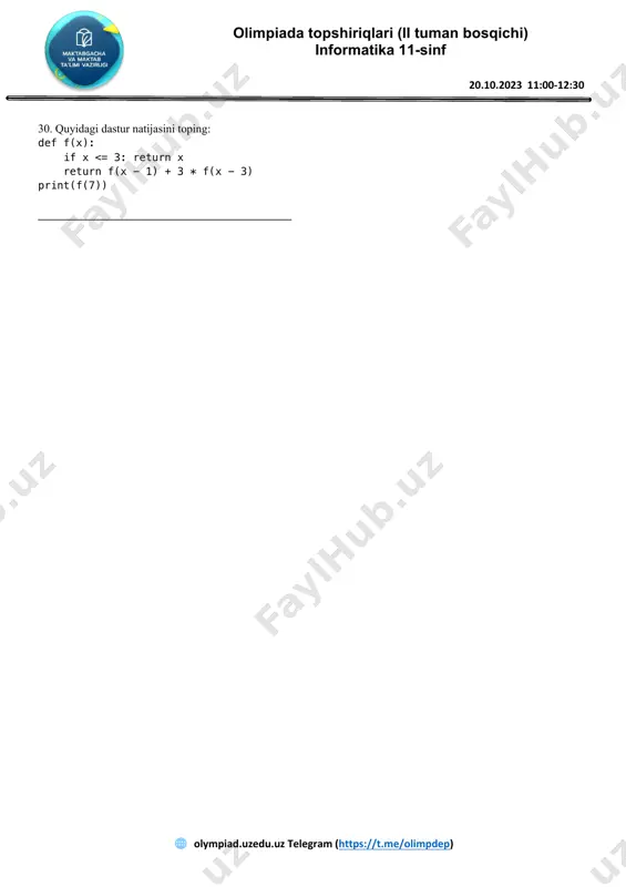 c = {"a": 1, "b": 4, "c": 3} for i, j in dc.items(): print(i * j, end = ' ') ____________________________________________ 25. agar p ∨ q = 1 bo‘lsa, (¬p ∧ ¬q) ∨ ((p ∨ q) ∧ (p ∧ q)) mantiqiy ifoda rost bo‘ladigan barcha p va q qiymatlarini aniqlang (¬ - inkor) ____________________________________________ 26. so‘roq belgisining o‘rniga qanday natural son qo‘yilganda dastur natijasi ‘yes’ bo‘ladi? mos keladigan barcha sonlarni yozing! a = ? if a < 11 and 14/a % 1 != 0: for i in range(2,a): if a % i == 0: print("no") break else: print("yes") else: print("no") ____________________________________________ 27. ilmiy va texnik hisoblashlar uchun ishlatiladigan ochiq manbali python kutubxonasini nomini toping. ____________________________________________ 28. no’malum x ni toping: 2,(2)5 + x 7 = 10,(1)4 e’tibor bering, natijani yettilik sanoq sistemasida yozishingiz lozim. ____________________________________________ 29. quyidagi dastur natijasini toping: a = 0x3a print(a) ____________________________________________ " olympiad.uzedu.uz telegram (https://t.me/olimpdep) olimpiada …