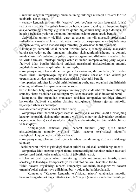 rish; aksiyadorlar (shu jumladan minoritar aksiyadorlar) huquqlarini himoya qilish va qonuniy manfaatlarini ta’minlash; - aksiyadorlik jamiyatlari investitsion jozibadorligini oshirib borish orqali biznes qiymatini maksimallashtirish; - rivojlanish strategiyalarini belgilash va ulami amalga oshirib borish ustidan nazorat o‘matish va boshqalar. korporativ boshqaruvning tarixan rivojlanishi korporativ boshqaruv nazariyalari shakllanishiga ham xizmat qildi. bunday nazariyalar quyidagilar: - aksiyadorlar nazariyasi; - agentlik nazariyasi; - shartnomalar nazariyasi; - manfaatdor tomonlar nazariyasi; - korporativ ijtimoiy mas’uliyat nazariyasi. korporativ boshqaruvda ichkl nazorat tizimi 2. ichki nazorat tizimining tashkiliy jihatlari va amal qilish mexanizmi aksiyadorlik jamiyatlari moliyaviy-xo'jalik faoliyatining qonunchilik hujjatlari talablari hamda ichki hujjatlar qoidalari asosida borishini nazorat qilib borish maqsadida ichki nazorat tizimi ham amal qiladi. bunda ichki nazorat tizimi faoliyati aksiyadorlik jamiyati ustavi, korporativ boshqaruv kodeksi va ichki me’yoriy hujjatlariga asoslanadi. shu о‘rind a aksiyadorlar umumiy yig'ilishi tomonidan tasdiqlanadigan “ichki nazorat to‘g‘risida”gi nizomda ichki nazorat tizimining maqsad va vazifalarini, uning ishlash prinsiplarini hamda aksiyadorlik jamiyati va shaxslaming …