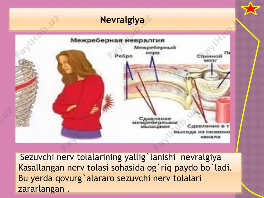 erilar tomonidan qo`zg`atiladi.bundan tashqari u gripp ,o`rta quloqning yallig`lanishi ,o`pka sili va zotiljam kasalliklari tufayli ham sodir bo`lishi mumkin. bosh miya pardasining zararlanishi meningit sindromi bosh miya meningit vizual meningit viral meningit bosh miya to`qimasi yallig`lanishi ensafalit deb ataladi. ushbu kasallik meningit kasalligini o`z vaqtida davolanmaganida,qizamiq ,suvchechak ,quloqning yiringli yallig`lanishi mumkin. bosh miyaning yallig`langan sohasidagi nerv markazlarining faoliyati buzilishi tufayli ular tomonidan boshqariladigan ishchi a`zolar ham zararlanadi va,falajlanib qoladi. bosh miya to`qimasi yallig`lanishi bolani yoshligidan qattiqqo`llik bilan tarbiyalash,qiziqishlarini mensimaslik,tahqirlash yoki haddan tashqari mehribonlik irodasiz,qo`rqoq qilib o`stirish nevrozga olib keladi nerv kasalliklarini oldini olish uchun to`g`ri tarbiya,organizmni chiniqtirish,sport va badantarbiya bilan shug`ullanish,aqliy va jismoniy mehnatni birga qo`shib olib borish,mehnat va olish rejimi,gigeyena qoidalariga rioya qilish lozim dri tarbiya,organizmni chiniqtirish,sport va badantarbiya bilan shug`ullanish,aqliy va jismoniy mehnatni e`tiboringiz uchun rahmat image2.jpeg image3.png image4.png image5.jpeg image6.jpeg image7.jpeg image8.jpeg image9.jpeg image10.jpeg image11.png image12.png image13.jpeg image14.jpeg image1.jpeg