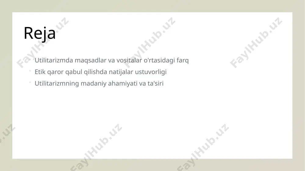 hisobga oladi. etik qaror qabul qilishda natijalar va vositalar o'rtasidagi muvozanat. 01 natijalar va vositalar utilitarizmda natijalar va vositalar o'rtasidagi muvozanat, etik qaror qabul qilish jarayonida muhim ahamiyatga ega. natijalar, aslida, qaysi vositalar bilan erishilganini belgilaydi. 02 etik qarorlar etik qarorlar, maqsad va vositalar o'rtasidagi muvozanatni saqlash orqali amalga oshiriladi. bu, natijalarning ijtimoiy ta'sirini hisobga olishni talab etadi. 03 vositani tanlash qanday vositalarni tanlashda, uning natijalarga ta'siri ko'rib chiqilishi lozim. har bir vosita, maqsadga erishishda turli xil natijalarni keltirib chiqarishi mumkin. 04 muvozanatga erishish natijalar va vositalar o'rtasida muvozanatga erishish, etik qarorlar qabul qilishda muhimdir. bu, axloqiy jihatdan to'g'ri tanlovlarni amalga oshirishga yordam beradi. utilitarizmda natijalar ustuvorligini tushunish: amaliy misollar. 1 utilitarizm asoslari utilitarizm, natijalarni asosiy etika mezoni sifatida belgilaydi. bu yondashuvda, har bir qaror natijalari asosida baholanadi va etik xulq qabul qilinadi. 2 amaliy misollar masalan, tibbiyotda, shifokorlar bir bemorning hayotini saqlash uchun ko'p bemorlar uchun zararli bo'lishi mumkin …