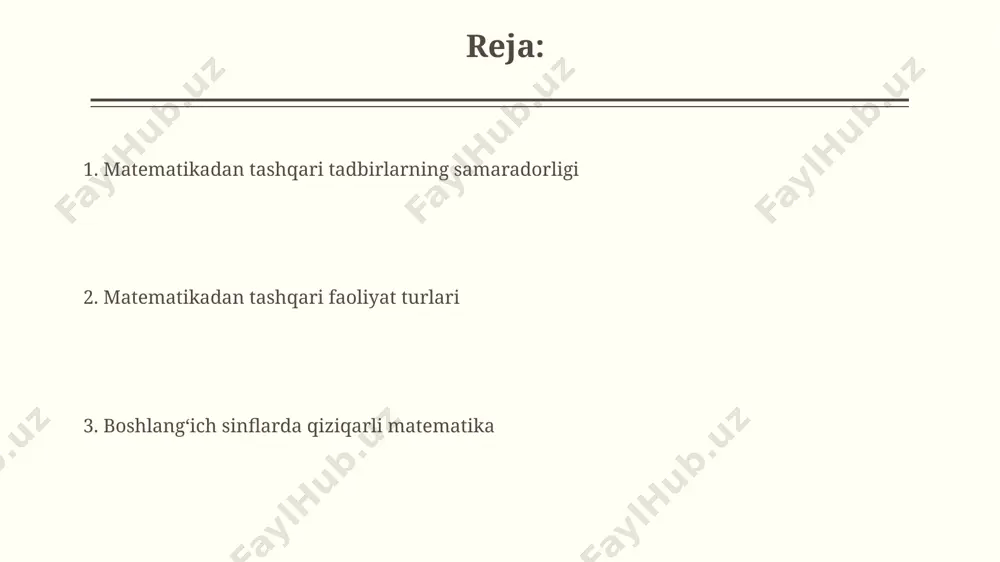 matematik o'yinlar va musobaqalar matematika olimpiadalari 3-4-sinf o'quvchilari uchun sodda arifmetik masalalar, geometrik shakllarni o'rganish bo'yicha 2 bosqichdan iborat bo'lib, g'oliblarga diplom va sovrinlar taqdim etiladi. matematik bingo o'yini 20 ta sonlardan iborat kartalar yordamida o'tkaziladi, o'quvchilar o'qituvchi aytgan tenglamalar javoblarini topadi va o'z kartalarida tegishli sonlarni belgilaydi, birinchi to'liq liniyani yig'gan o'quvchi g'olib hisoblanadi. matematik klublari va to'garaklari matematik klublarida har oyda taxminan 3-4 ta yangi mavzu o'rganilishi va 20-30 minut davom etadigan mini-loyihalar ustida ishlash mumkin, bu esa o'quvchilarning mustaqil ishlash ko'nikmalarini oshiradi. matematika to'garaklari 5-7 yoshli bolalar uchun geometrik shakllarni o'rganish, sodda tenglamalarni yechish va mantiqiy topshiriqlarni bajarish kabi faoliyatlarni o'z ichiga olishi mumkin. matematik adabiyotlar va resurslar onlayn resurslar, masalan, matematik o'yinlar va ta'lim dasturlari, 100 dan ortiq turli xil mashq va topshiriqlarni taklif qilib, o'quvchilarning matematikaga bo'lgan qiziqishini oshiradi. matematik lug'atlar va entsiklopediyalar, geometrik shakllar, tenglamalar va arifmetik amallar kabi asosiy tushunchalarni tushunishga yordam beruvchi …