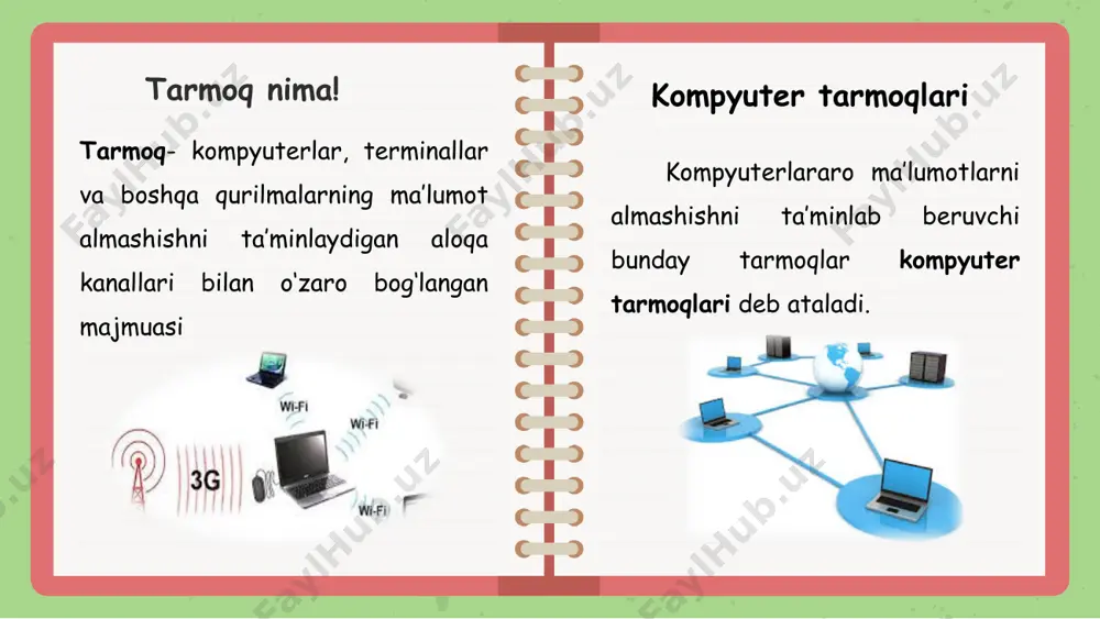 am bridge (ko‘prik) qurilmasi kabi 2 ta yoki undan ortiq bo‘lgan tarmoqlarni birlashtiradi yoki ajratadi. farqi router (marshrutizator) qurilmasi katta tarmoqlarda ishlatiladi. bundan tashqari marshrutizator qurilmasi kerakli tarmoqni yoki kerakli yo‘lni tanlash imkoniyatiga ega. bu holda kirishga kelayotgan ma‘lumotlar tanlash orqali o‘z yo‘llarini topadi. switch (kommutator) qurilmasi yordamida kichik tarmoqlarda ishlash mumkin. hub dan farqi, o‘tkazish qobiliyati yuqoriligidir. bunda bir nechta juft qurilmalar ma‘lumot almashish imkoniyatiga ega. switch (kommutator) gateway (shlyuz) qurilmasi har xil turdagi tarmoqlarni bir biriga ulash uchun ishlatiladi. birlashtirish jarayonida kelayotgan ma‘lumotlar borishi kerak bo‘lgan portga yoki adresga uzatiladi va shu qurilmadan o‘tish jarayonida protokollari o‘zgartiriladi. gateway (shlyuz) modemning bajaradigan asosiy ishi, raqamli signallar ko‘rinishidagi ma‘lumotlarni kerakli tezlik va aniqlik bilan uzatishdan iboratdir. modemlar axborot manbasidan, aloqa kanalining parametrlariga ega bo‘lgan va berilgan tuzilishga ega bo‘lgan signallarni muvofiqlashtirish uchun xizmat qiladi. modem. e’tiboringiz uchun raxmat! image10.jpeg image1.png image5.png image11.png image8.png image12.gif image2.png image3.png image4.png image7.png image13.jpeg image14.jpeg …