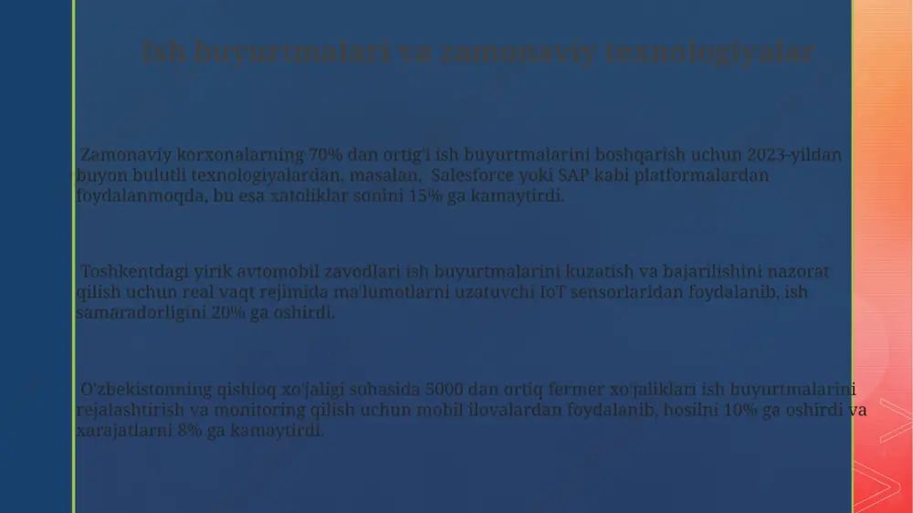 samarali boshqarishga va mijozlarga tezroq xizmat ko'rsatishga erishadilar. to'g'ri tuzilgan ish buyurtmalari, masalan, 50 dan ortiq xodimlarga ega bo'lgan samarqanddagi zavodlarda, xodimlar o'rtasidagi chalkashliklarni oldini olib, loyihalarni o'z vaqtida bajarilishini ta'minlaydi va sifatni yaxshilaydi. ish buyurtmalari samaradorlikni 20% ga oshirishi mumkin, chunki ular toshkentdagi katta korxonalarda aniq vazifalarni belgilash va bajarilishini kuzatish imkonini beradi, bu esa xarajatlarni kamaytirishga yordam beradi. ish buyurtmasi jarayonining bosqichlari buyurtma bajarilish jarayoni 2 bosqichdan iborat: birinchi bosqichda buyurtma qabul qilinadi va tekshiriladi (taxminan 24 soat ichida), ikkinchi bosqichda esa yetkazib berish amalga oshiriladi (samarqand viloyatiga yetkazib berish 3 kun davom etadi). ish buyurtmasining boshlanishi toshkent shahridagi 3-sonli ombordan buyurtma berilishi bilan boshlanadi va unda 100 ta mahsulot birligi ko'rsatilgan. keyinchalik, buyurtma raqami avtomatik ravishda generatsiya qilinadi. har bir bajarilgan ish buyurtmasi bo'yicha 5-ilova bilan hujjatlashtiriladi, unda xarajatlar, yetkazib berish manzili (masalan, farg'ona viloyati) va mijozning aloqa ma'lumotlari qayd etiladi. e'tiboringiz uchun rahmat @taqdimot_robot image2.png image3.png