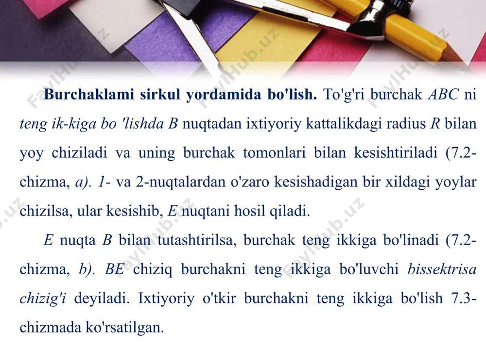 ir bo'lagi (vatari) hosil bo'ladi (7.10-chizma, b). ik kesma bilan aylana chizig'i beshga bo'lib chiqiladi (7.10-chizma, d). barcha nuqtalar ketma-ket tutashtirilsa, beshburchak yasaladi (7.10-chizma, e). aylanani transportir yordamida ham teng besh bo'lakka bo'lib chiqish mumkin. ma'lumki, aylana 360° ga teng. masalan, aylanani beshga bo'lmoqchi bo'lsak, 360:5=72° li markaziy burchak hosil bo'ladi. aylana markazi 0 dan boshlanuvchi bu markaziy burchaklarni transportir yordamida yasash mumkin. muntazam ko'pburchaklarni faqat sirkulda yasash ham mumkin. ma­salan, ab kesmaning a va b nuqtalaridan ab ga teng radiusda yoylar chizilsa, ular o'zaro kesishadi. a va b nuqtalar c bilan tutashtirilsa, muntazam uchbur-chak yasaladi (7.11-chizma, a). muntazam oltiburchak yasash uchun a va b nuqtalardan 60° burchakda chiziqlar chiziladi va ularga ab ga teng kesmalar o'lchab qo'yilib, c va d bilan belgilanadi. uning yuqori qismi ham shu tartibda bajarilishi mumkin (7.11-chizma, b). kvadratni chizish uchun geometriyadan ma'lum bo'lgan to'g'ri burchakni yasash usulidan foydalaniladi. masalan, a chiziqqa uning a uchidan …