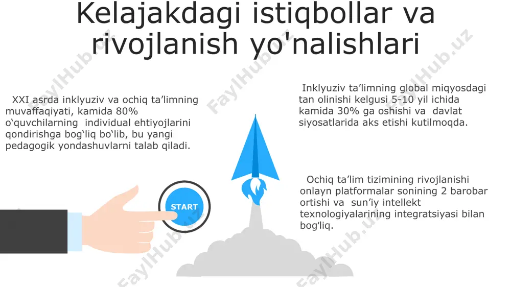 siya qilingan pedagogik usullarni qo'llash va o'qituvchilarning malakasini oshirish orqali, o'quv jarayonida o'quvchilarning 90% dan ortig'ining ishtirokini ta'minlash orqali baholanadi. inklyuziv ta'lim individual o'quv rejalarini, qo'llab-quvvatlash xizmatlarini (masalan, maxsus pedagoglar, logopedlar) va moslashtirilgan o'quv muhitini o'z ichiga olgan holda, kamida 80% o'quvchilarning muvaffaqiyatli o'qishiga erishishga harakat qiladi. inklyuziv ta'lim 1994 yildagi salamanca deklaratsiyasi va 2009 yildagi bmtning "barcha uchun ta'lim" maqsadlariga muvofiq, barcha o'quvchilarning ehtiyojlarini qondirishga qaratilgan individual yondashuvni ta'minlaydi. davlat siyosati va inklyuziv ta'lim o'zbekistonda inklyuziv ta'limni qo'llab-quvvatlash uchun 500 dan ortiq maxsus ta'lim mutaxassisi malakasini oshirish bo'yicha dasturlar ishlab chiqilgan va amalga oshirilmoqda. davlat siyosati inklyuziv ta'limni rivojlantirishga 2020-yildan buyon 15% ga ko'proq mablag' ajratdi, bu esa maktablarda maxsus ehtiyojli bolalar uchun qo'shimcha resurslarni ta'minlashga qaratilgan. inklyuziv ta'limga o'tish jarayonini tezlashtirish maqsadida, 2025-yilgacha 1000 ta umumta'lim maktabida inklyuziya markazlari tashkil etish rejalashtirilgan. inklyuziv ta'lim tizimining ochiqligi inklyuziv ta'lim tizimining ochiqligi, 20 dan ortiq mamlakatda qo'llaniladigan inklyuziya siyosati va …