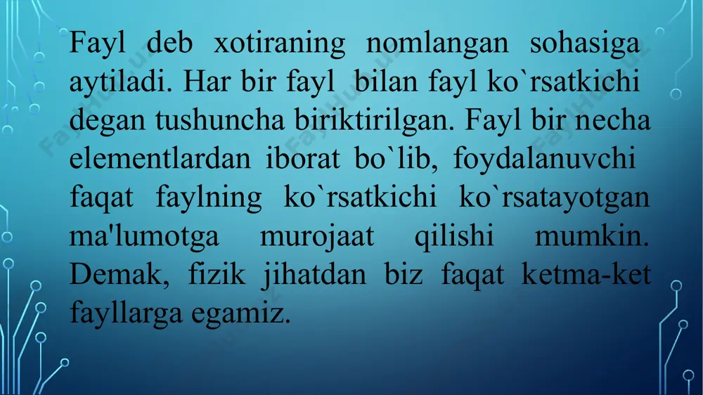 lass program { static void main(string[] args) { try { string[] a = system.io.directory. getfilesystementries(@"d:\\mult\\"); console.writeline("d:\\mult katalogidagi barcha fayllar {0}", a.length); foreach (string b in a) { console.writeline(b); } } catch (exception e) { console.writeline("xato: {0}", e.tostring()); } console.readkey(); } } dastur natijasi d:\\mult papkadagi barcha fayllarni ro’yxatini chiqaradi. quyida d:\\doc katalogdagi barcha *.doc fayllarni ro’yxatini chiqarishni dasturi keltirilgan. try { string[] a = system.io.directory.getfiles(@"d:\\doc\\", "*.doc"); console.writeline("d:\\doc\\ papkasidagi 'doc' kengaytmali fayllar {0} ta", a.length); foreach (string b in a) { console.writeline(b); } } catch (exception e) { console.writeline("xato: {0}", e.tostring()); } console.readkey(); kataloglar ustida bajariladigan asosiy amallar system.io.directory sinfining metodlari orqali amalga oshiriladi. 1. createdirectory(string nomi) – yangi katalog yaratish. system.io.directory.createdirectory(@"d:\\salom"); 2. void move(string eski nom, string yangi nom)- katalog nomini o’zgartirish. system.io.directory.move(@"d:\\salom1", "d:\\salom"); 3. void delete(string nom, bool x )- katalogni o’chirish, agar x parametrning qiymati true bo’lsa bu metod katalog ichidagi fayllar bilan birgalikda o’chiradi. system.io.directory.delete(@"d:\\salom"); 4. bool …