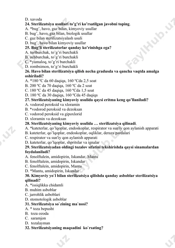 iladi? a. spirtlar bilan b. xlor orqali c. fizik moddalar bilan d. *kimyoviy moddalar bilan 35. o`sha vaqtda asoratlar orqali qanday kasalliklar kelib chiqqan deb o`ylashgan? a. mikrobli b. mikrobsiz c. *qandaydir narsalar orqali d. shaxsiy gigiyena orqali 36. aseptika so`zi qanday tildan olingan? a. yunoncha b. grekcha c. *lotincha d. fransuzcha 37. aseptika so`zi qanday ma`noni anglatadi? a. yiringli b. *imkor qo`shimi yiringli c. yiringsiz d. tekshirish 38. aseptika mavzusidagi jismlarni to`g`risini ayting? yiringli jarrohlikda infeksiya tushmaslikka qaratilgan chora tadbirlar… demakdir. a. *sistemasi b. sistematikasi c. gigiyenasi d. yig’indisi 39. aseptika turi qanday jarrohlik? a.* murakkab b. og`ir c. oddiy d. yengil 40. aseptika jarrohligi asoratlimi? a. asoratli b. havfli c. *asoratsiz havf-hatarsiz d. havfsiz 41. 2-3 kundan keyin markaziy nerv sistemasining buzilishi, tutqanoq tutishi, gapirish og`irlashishi, alaxsirash, komaga tushish nimadan zaharlanganda kuzatiladi? a. rodentitsidlardan b. *metilbromiddan c. etilin oksiddan d. fosfororganik birikmalardan 42. infeksiya tushgan jarrohlar nimaga rioya …