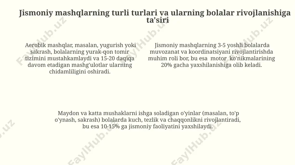 egallashini ta'minlaydi, bu esa keyinchalik 10-12 yoshgacha sportga qiziqishini oshiradi. muntazam jismoniy faoliyat bilan shug'ullanuvchi 4-5 yoshli bolalar orasida immunitet tizimining kuchliligi 15-20% yuqori bo'lib, yuqumli kasalliklarga chalinish xavfi sezilarli darajada kamayadi. ota-onalarning jismoniy tarbiyada roli va ularning ishtiroki ota-onalarning bolalar bogʻchasidagi jismoniy tarbiya tadbirlariga muntazam qatnashishi va bolaning 100% ishtirokini taʼminlashga boʻlgan taʼsiri, uning sogʻlom rivojlanishiga sezilarli hissa qoʻshadi. maktabgacha yoshdagi bolalarning jismoniy rivojlanishiga ijobiy taʼsir koʻrsatadigan 5 ta asosiy harakat turi (yugurish, sakrash, otish, koʻtarish, muvozanat)ni oʻrgatishda ota-onalar faol ishtirok etishlari kerak. ota-onalarning bolaning jismoniy faolligi darajasini kuzatish va kamida haftasiga 3 marta sport bilan shugʻullanishini taʼminlashdagi roli muhimdir. kelajakdagi istiqbollar va rivojlantirish strategiyasi davlat dasturiga muvofiq, 3-7 yoshdagi bolalar uchun jismoniy faoliyatning minimal me'yorlari belgilanib, ularning sog'lom turmush tarziga bo'lgan munosabatini shakllantirishga qaratilgan. bolalarning jismoniy rivojlanishi ko'rsatkichlarini yaxshilash maqsadida 2030-yilga kelib 70% maktabgacha ta'lim muassasalarida ixtisoslashtirilgan sport zallari va maydonchalari tashkil etilishi rejalashtirilgan. maktabgacha ta'lim muassasalarida jismoniy …