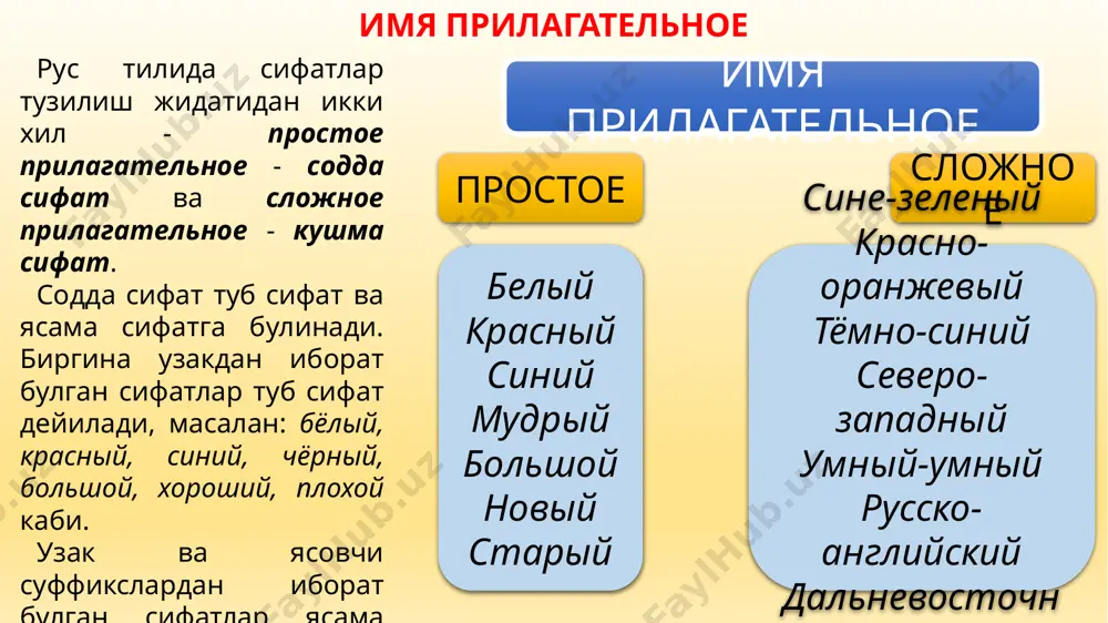 хороший рабочий каби. гапда отлашган сифатлар хам бош, хам эргаш булаклар вазифасида келиши мумкин. демак, шундай сузларни от деб хисоблаш керак. задания для самостоятельного выполнения ответьте на вопросы: что такое имя прилагательное? назовите разряды прилагательных как можно образовать имя прилагательное? что такое качественные прилагательные? что такое притяжательные прилагательные? что такое относительные прилагательные? задание 1 задание 2 задание 3 упражнения упражнение 1. вставьте окончания прилагательных: упражнение 2. запишите имена прилагательные в три столбика. выделите окончания. определи род, число им. прил. вечерн.. звезда, мягк.. одеяло, верхн.. этаж, скрипуч.. дерево, грустн.. картина, серебрист.. иней, соседн.. поле, летн.. заря, золот.. шар. упражнение 3. запишите словосочетания во множественном числе. выделите окончания. у имён прилагательных единственного числа определите род. ярк.. цвет, лёгк.. облако, тёмн.. туча, дремуч.. лес, последн.. стая. упражнение 4. запишите имена прилагательные с именами существительными, данными в скобках. определи род и число. выделите окончания. весенний (ручеёк, листва, дни, солнышко). тихий (ночь, голоса, мальчик, утро). …