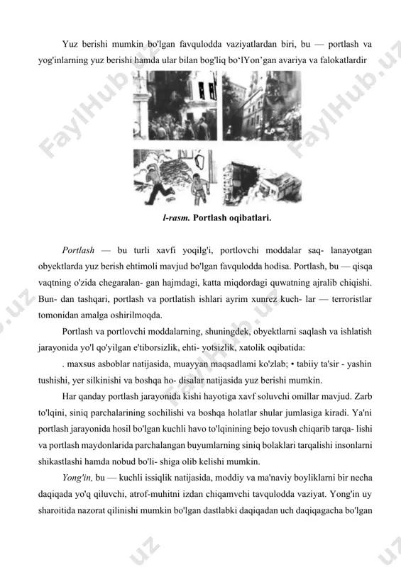 mutaxassislarning fikriga qaraganda, tabiiy holatda, ya'ni chaqmoq chaqishi, vulqon otilishi, sekin oksid- lanish kabi yuz bergan yong'inlar e'tiborga olinmagan taqdirda, boshqa chiqqan yong'inlarning asl sabablari quyidagi nisbatni tashkil etar ekan: t/r yong'in chiqish sabablari nisbat (%) 1 chekish, yonuvchi moddalarni yoqish, gugun bilan yoritishda fovdalanish oqibatida 26 2 bolalarning okt bilan o'vnashi oqibatida 14 3 elektr jihozlarini ishlatish qoidalarini buzish oqibatida 13,5 4 pcchka va tutun quvurlarini noto'g'n o4rnatish natijasida 8,5 5 payvandlash ishlarida yong'in xavfsizligi qoidalarini buzish oqibatida 2,3 6 texnologik jihozlarni boshqarish qoidalarini buzish oqibatida zilj yong'in yoki boshqa favqulodda vaziyatlar yuz berganda, o'quvchi-talabalar hamda boshqa ishlovchi xodimlarni zudlik bilan binodan olib chiqish uchun har bir binoda, shuningdek, har bir qavatda evakuatsiya chizmasi bo'lishi kerak. ushbu chizmada har bir xonadagilarning harakat yo'nalishi hamda zaxiradagi chiqish eshiklari ko'rsatilgan bo'ladi. shuni alohida ta'kidlash joizki, derazalari maxsus, temir panjaralar bilan har qanday xona, sinf xonalari ichida lorn yoki shunga o'xshash asbob-us- …