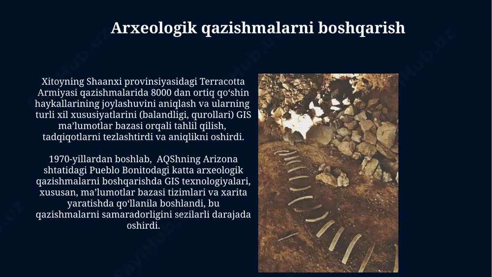 va virtual reallikni birlashtirish orqali, arxeologlar rim imperiyasi davriga oid 500 dan ortiq topilmalarni o'z ichiga olgan bir virtual muzeyni yaratib, ma'lumotlarni ommaga taqdim etish imkoniga ega bo'lishdi. saytlarni aniqlash va tahlil qilish peru andlarida joylashgan 5000 yillik machu picchu shahrining murakkab topografiyasi gis dasturlari yordamida o'rganilib, suv ta'minoti tizimlari va qishloq xo'jaligi usullarining samaradorligini tahlil qilishga imkon berdi. 1970-yillardan boshlab, gps texnologiyalarining rivojlanishi pompeii (italiya) kabi arxeologik saytlarni aniqlash va xaritalashda aniqlikni 10 metrdan 1 metrgacha oshirdi. madaniy landshaftlarni modellashtirish 1970-yillardan boshlab, samarqand viloyatidagi tarixiy qishloq xo'jaligi yerlarini modellashtirishda gis texnologiyalari, 3d vizualizatsiya va 500 dan ortiq arxeologik topilmalar ma'lumotlar bazasidan foydalanildi. buxoro oazisidagi madaniy landshaftlarni modellashtirish 3d gis platformalarini qo'llagan holda, 15-asrga oid 200 dan ortiq binolarni va 50 ga yaqin suv inshootlarini o'z ichiga olgan murakkab makonni yaratdi. gisning dastlabki bosqichlari dastlabki gis texnologiyalari asosan asosiy kompyuterlarga asoslangan edi va katta hajmdagi ma'lumotlarni qayta ishlashda cheklangan imkoniyatlarga …