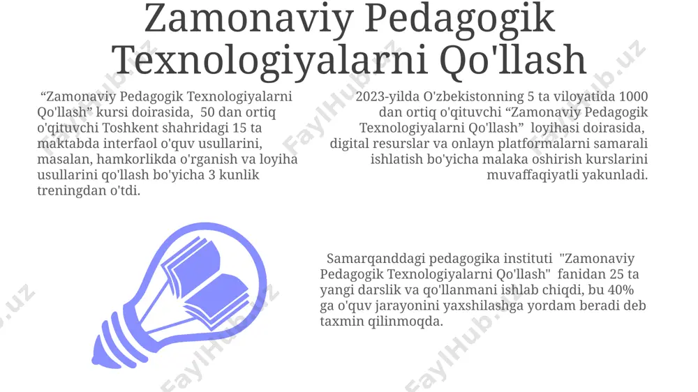 sturi to'liq amalga oshirilmagan, bu o'quv jarayonining sifatiga salbiy ta'sir ko'rsatmoqda. surxondaryo viloyatida o'tkazilgan tadqiqotlar shuni ko'rsatdiki, "birinchi qadam" dasturi bo'yicha 30% o'qituvchilarning bilim va ko'nikmalari yetarli emas, bu bolalarning rivojlanishiga to'sqinlik qilmoqda. resurslar va moddiy-texnik bazasi surxondaryo viloyatining 25 ta qishloq maktabi "birinchi qadam" dasturi doirasida 500 dan ortiq oʻyinchoqlar, didaktik materiallar va 75 ta yangi stol-stullar bilan ta’minlandi. qashqadaryo viloyati maktablari uchun "birinchi qadam" dasturiga muvofiq 300 dan ziyod kompyuter va 100 dan ortiq proyektorlar, shuningdek, internetga kirish imkoniyatlari ta’minlandi. “birinchi qadam” davlat oʻquv dasturi uchun toshkent shahridagi 50 ta maktabda 2000 dan ortiq oʻquv qoʻllanmalari va 150 ta interfaol doska taqdim etildi. o'quvchilarning individual xususiyatlarini hisobga olish “birinchi qadam” oʻquv dasturida 1-4 sinf oʻquvchilari uchun 5 ta asosiy individual oʻrganish rejasi mavjud boʻlib, ularning har biri toshkent shahri maktablarida sinovdan oʻtkazildi. individual xususiyatlarni hisobga olish uchun oʻqituvchilar 20 nafar oʻquvchidan iborat sinfda kamida 3 xil oʻquv uslubini …