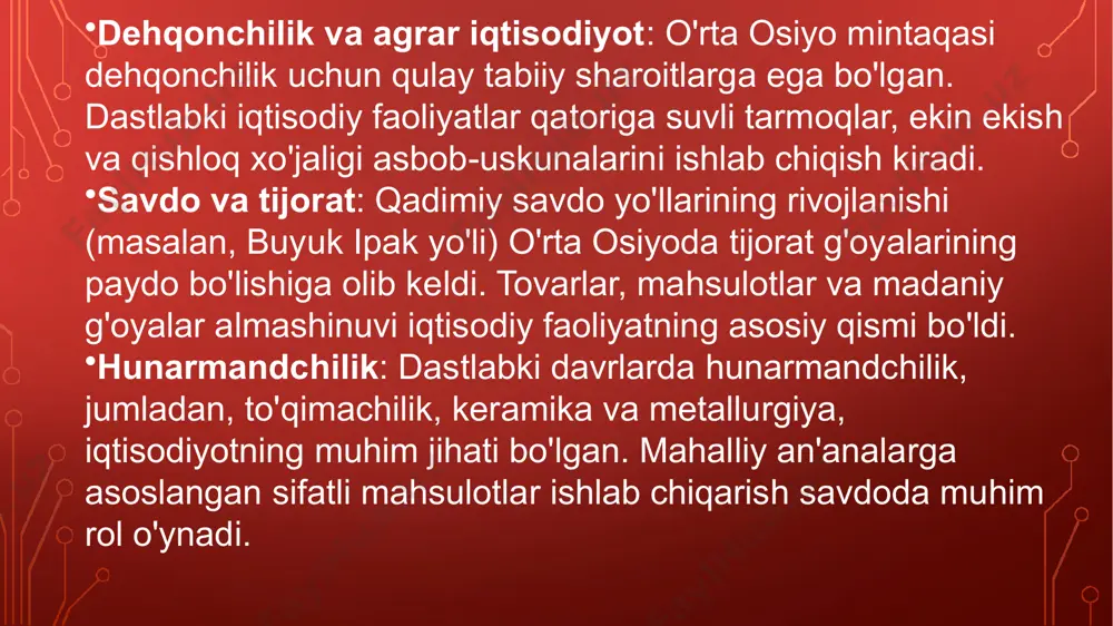 hni, ijtimoiy binolar - bozorlar, hammomlar, yo‘llar, suv inshootlari tarmoqlarini nazorat qilib turgan. uning xodimlari vaqti-vaqti bilan tekshirish va taftish ishlarini olib borgan. ayniqsa, toshu tarozi to‘g‘riligi, odil baho tekshirib turilgan, qallob va tovlamachilar qattiq jazolangan. mamlakatda dehqonchilikka katta e’tibor berilgan bo‘lib, yerga egalik qilish quyidagi ko‘rinishlarda bo‘lgan: suyurg'ol yerlar. katta hajmdagi bu yerlar davlat tomonidan ajratib berilib, bir avloddan ikkinchisiga o‘tgan. suyurg‘ol egasi soliqdan ozod qilingan. bunday yer egalari dehqonlami ishlatib, yer solig‘i - xiroj olganlar. tarxon yerlar. bu yerlar xususiy mulk bo‘lib, ular odamlarga biron-bir xizmati uchun berilgan. ushr yerlar. sayid va xo‘jalarga mansub yerlar. bu yerlardan olingan hosilning o‘ndan biri davlatga berilgan. vaqf yerlar. masjid, madrasa, xonaqoh, qabriston va shu singari joylarga doir yerlar. vaqfda yer, suv, bozor, qul, pullar va boshqalar mol-mulki bilan in’om etiladi. askarlarga, ulaming rahbarlariga beriladigan yerlar. sahroni obod qilsa, yer osti suvlarini tortib chiqarish uchun inshoot qursa 1-yil: undan soliq olinmangan 2-yil …