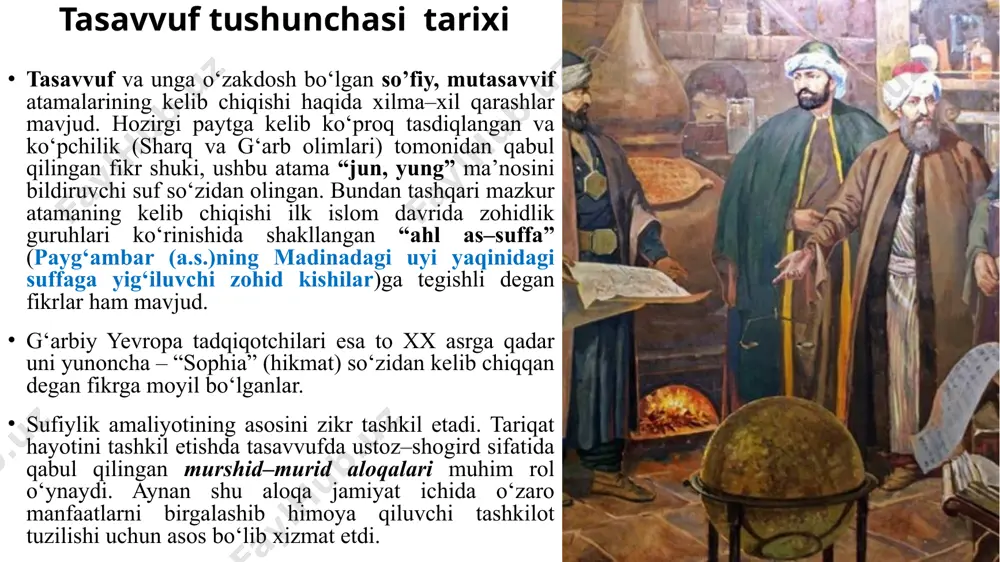 chaqiradi, ularning ma’naviyatiga kuchli ta’sir ko‘rsatadi.yassaviya g‘oyalari bir necha marotaba turli tahrirda nashr etilgan “devoni hikmat”da jamlangan. uning fikricha, dunyoning noz–ne’matlarini so‘ragan kishi sufiy emas, balki zuhd va taqvoni ixtiyor etib, umrini toat–ibodatda hamda yig‘i bilan o‘tkazgan kishi asl sufiydir. uning “hikmatlar”i xalq orasida keng tarqalgan. ahmad yassaviy hayotligidayoq uzoq o‘lkalarga muridlarini jo‘natib, o‘z tariqatini keng tarqatishga harakat qildi. yassaviy riyozat, chilla, zikr va mujohadaga kuchli ahamiyat berib, hayotining aksari qismini chillaxonada o‘tkazdi. uning hayoti va karomatlari haqida ko‘plab manoqiblar saqlanib qolgan. yassaviya tariqati asoslari bu tariqatda muhim o‘rin tutgan asoslar quyidagilardan iborat: allohni tanish (ma’rifatulloh) mutlaq jo‘mardlik, rostgo‘ylik, o‘zini allohga topshirish (tavakkul) teran tafakkur. yassaviya tariqati xususiyatlari keyinchalik yuzaga kelgan ko‘plab tariqatlarda aks etgan. hatto naqshbandiyani yassaviyaning bir shahobchasi deb biluvchilar ham bor. ahmad yassaviyning eng mashhur xalifalaridan sulaymon hakim ota boqirg‘oniy (vaf. 1186 y.), so’fiy muhammad donishmand az–zarnuqiy va boshqalar ma’lum. kubroviya tariqati yassaviylik bilan bir asrda yuzaga …