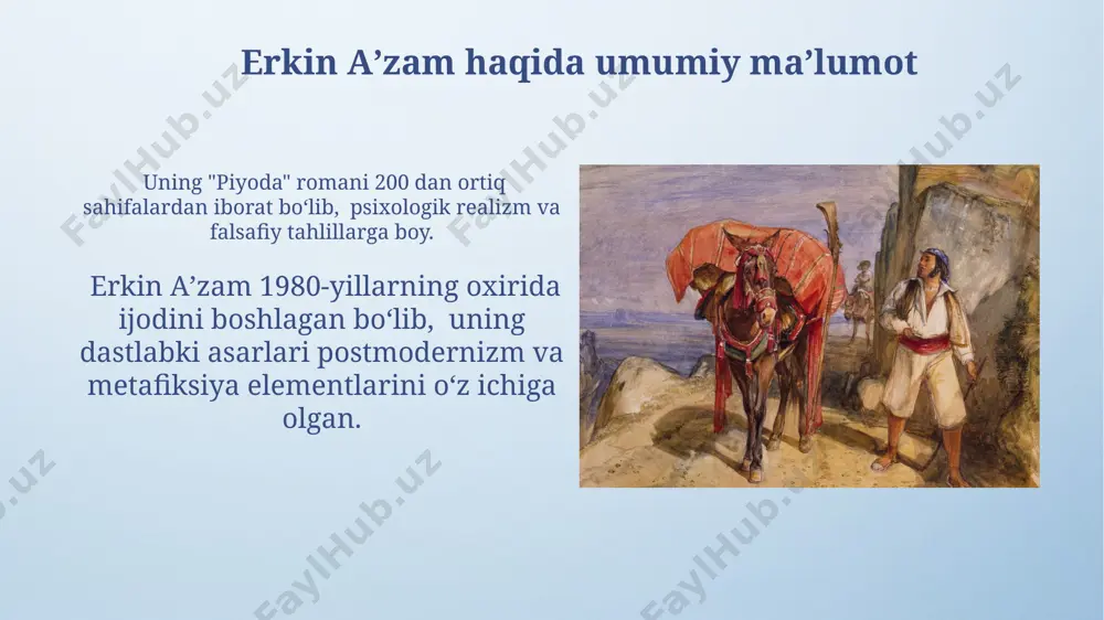 va 5 dan ortiq epitetlar orqali obrazlarning yorqin ifodalanishi kuzatiladi, bu asarni hissiy jihatdan boyitadi. tanqidchilarning fikrlari va baholari roman haqidagi fikr-mulohazalarni tahlil qilish shuni ko'rsatadiki, 20% tanqidchilar asarning ayrim qismlarining biroz zerikarli ekanligi haqida izoh berishgan, bu esa voqealar ritmining tengsizligiga ishora qiladi. adabiyotshunoslarning 70% dan ortig'i "piyoda"ni zamonaviy o'zbek prozasining yorqin namunasi deb hisoblab, uning til uslubi va badiiy vositalarining mahoratini ta'kidlashgan. asardagi muhim mavzulardan biri: yolgʻizlik “piyoda” romanida yolgʻizlik hissi 3 ta asosiy qahramon – otabek, dilbar va bobur hayotining markazida boʻlib, ularning ichki dunyosini va oʻzaro munosabatlarini shakllantiradi. erkin aʼzam yolgʻizlikni nafaqat jismoniy ajralish, balki ijtimoiy aloqalarning yetishmasligi sifatida koʻrsatib, zamonaviy insonning ichki dunyosiga tegishli muhim ijtimoiy muammo ekanligini ta’kidlaydi. e'tiboringiz uchun rahmat @taqdimot_robot image4.png image5.jpg image6.jpg image7.jpg image8.jpg image9.jpg image10.jpg image11.jpg image12.jpg image13.jpg image14.jpg image15.jpg image16.jpg image3.jpeg