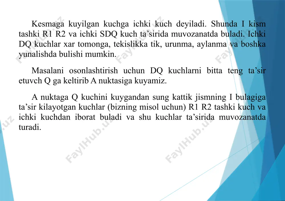 rab aniqlanadi. agar moment ta’sirida element “tabassum” shaklida, ya’ni pastki tolalari cho‘zilib, yuqoridagi tolalari siqilsa, bu holat musbat deb olinadi. aksincha, “xafa” shaklida, ya’ni yuqori tolalar cho‘zilib, pastki tolalar siqilganida eguvchi moment manfiy qiymatga ega bo‘ladi. burovchi moment (mb). burovchi moment konstruksiyani o‘z o‘qi atrofida burishga majbur qiladi. uning belgisi burilish yo‘nalishi bilan belgilanadi. agar moment jismlarni soat strelkasiga teskari burishga intilsa, u musbat deb qabul qilinadi, aksincha soat strelkasi bo‘yicha aylantirsa, manfiy hisoblanadi. bu qoida torsion (buralish) jarayonlarini hisoblashda qo‘llanadi. xulosa. ichki kuchlarning to‘g‘ri belgilanilishi mexanik hisoblarda aniqlik va to‘g‘ri natija olishning garovidir. bo‘ylama kuchlar cho‘zuvchi va siquvchi ko‘rinishda, ko‘ndalang kuchlar esa yuqoriga yoki pastga qarab ta’sir etishi mumkin. eguvchi momentlar konstruksiyani egilishga olib kelib, tabassum yoki xafa shaklida ifodalanadi, burovchi momentlar esa burilish yo‘nalishiga qarab belgilanadi. demak, mexanika nazariyasida ichki kuchlarning belgilarini to‘g‘ri aniqlash nafaqat nazariy, balki amaliy ahamiyatga ham ega.