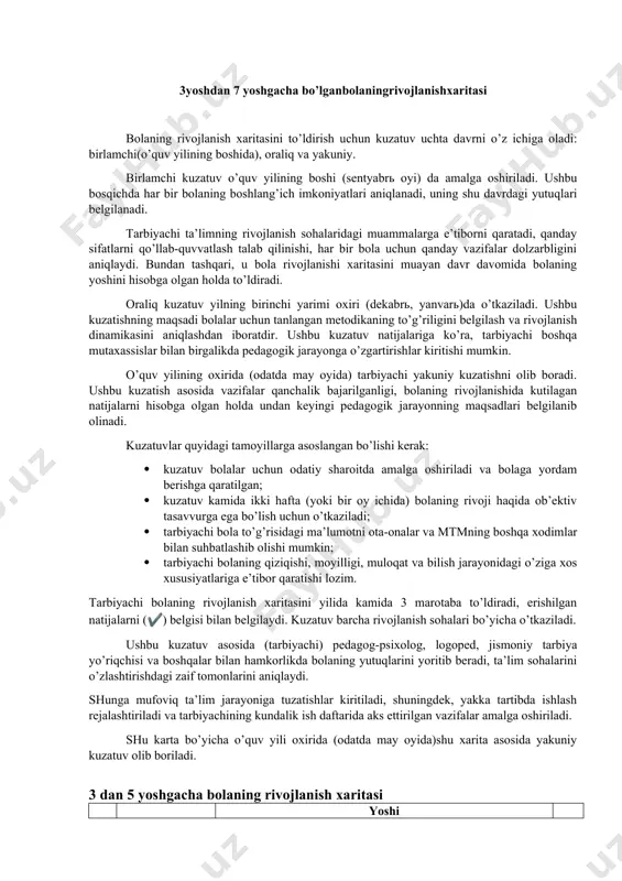gan to’siqlardan sakrab o’tadi 14 sakramachoq (skakalka) orqali sakrashga harakat qiladi 15 gimnastika skameykasida qo’li bilan tortilgan holda qorinda emaklaydi 16 gimnastika devoriga tirmashib chiqadi 17 samokatda uchadi 1.2 mayda motorika 1 arqonni halqaga kiritadi 2 mayda predmetlarni muayyan tartibda taxlaydi 3 o’yinchoqlarni mustaqil tarzda qutiga soladi va ularni qutidan oladi 4 kattalar yordamida yirik munchoqlarni ipga o’tkazadi 5 predmetlarni bir idishdan boshqa idishga soladi 6 tugmalar, kiyim va poyafzal ilgaklarini mustaqil ravishda taqadi va yechadi 7 mayda, o’rta va yirik munchoqlarni namunaga muvofiq ipga o’tkazadi 8 qulf, ilgaklarni ochadi va yopadi, kalitdan foydalanadi 9 mayda predmetlar (konstruktor detallari)ni buraydi va teskari burab oladi 10 konstruktorning katta va mayda qismlaridan turli predmetlar yasaydi 11 namuna bo’yicha to’g’ri chiziq va doira chizadi 12 belgilangan chiziqlar bo’yicha qog’oz, mato, salfetkalarni taxlaydi 13 belgilangan chiziqlar bo’ylab qog’ozni qaychi bilan kesadi 1.3 sensomotorika 1 katta koptoklarni o’tirgan va turgan holda ikki qo’li bilan masofaga …