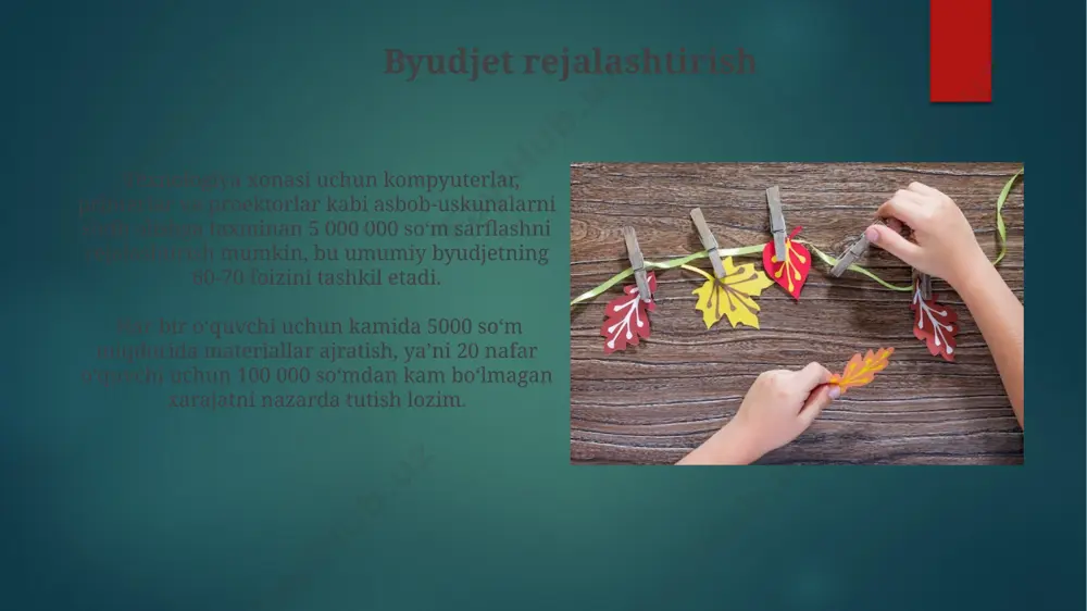 shlari va 5-7 ta rang va shakllardan foydalanib, murakkab kompozitsiyalar yaratishga o'rganishlari mumkin. qog'ozdan applikatsiya yasash qog'ozdan applikatsiya yasashda turli xil geometrik shakllar, masalan, 5 ta kvadrat, 3 ta uchburchak va 2 ta doiradan foydalanib, murakkab kompozitsiyalar yaratish mumkin. ranglarning uyg'unlashuvi muhim ahamiyatga ega: masalan, 3 ta issiq va 2 ta sovuq ranglarni birlashtirib, kuz mavzusini aks ettirish mumkin. kompyuterlar va aksessuarlar интернетга уланиш учун симсиз wi-fi адаптери ва камида 100 мбит/с тезликдаги тармоқ ускунаси зарур. безаги учун мониторларни 21-24 дюймли танлаш мақбул. компьютерларни танлашда 2 ггц дан юқори процессор тезлигига, 8 гб оператив хотирага ва ssd турдаги 256 гб дан кам бўлмаган тезкор хотирага эга моделни афзал кўриш мақсадга мувофиқ. tayyor mahsulot tayyor mahsulot sifatida 5-7 yoshli bolalar uchun mo'ljallangan 10 ta turli xil geometrik shakllardan iborat, kamida 20 dona rang-barang qog'oz aplikatsiyalari to'plamini taqdim etish mumkin. tayyor mahsulot sifatida turli murakkablikdagi 5 ta namuna aplikatsiya namunalari bilan birga, …