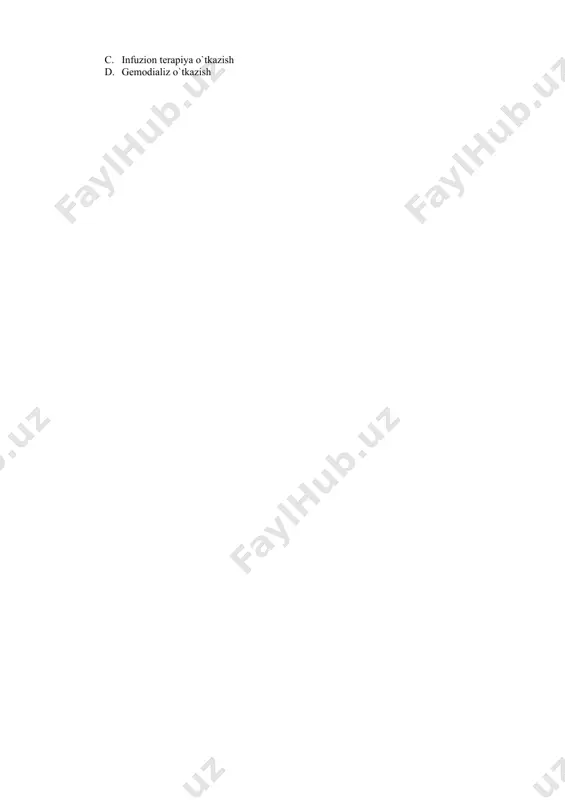 uchun 20% natriy gidrokarbonat ishqorni-nеytrallash uchun 2% uksus kislotasi d. kislotani- nеytrallash uchun 10% natriy gidrokarbonat ishqorni-nеytrallash uchun 10% uksus kislotasi 20.elеktr toki urganda bajariladigan dastlabki amaliyot algoritmi qaysi variantda to`ri kеltirilgan: a. jabrlanuvchini elеktr manbaidan ajratish nafas puls va rеflеkslarni baxolash b. elеmеntar upka yurak rеanimatsiya amliyotini utkazish c. infuzion tеrapiya o`tkazish d. gеmodializ o`tkazish