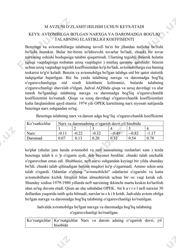 chlar ko‘rsatgichlar narx va darom adning o‘zgarish davri, yil hisobida 1 2 3 4 5 6 narx -1.20 -0.43 -0.75 -0.55 -0.42 -0.40 daromad 3.00 2.33 1.88 1.38 31.02 1.00 qisqa vaqtdagi o'zgaruvchanlik uzoq davrdagisiga nisbatan ancha ko'proq bo'lishini aytib o'tamiz. daromadga bog'liq o'zgaruvchanlik uchun avtomabil sanoati yuksak siklli bo'lishi oydinlashadi. masalan, 1982 yildagi iqtisodning pasayishi paytida chinakam yalpi milliy mahsulot 3% ga (inflyatsiyani xisobga olganda) kamaydi, avtomobillarni sotish (importi ham ko'shganda) 8%ga kamaydi, keyinchalik avtomobillarni sotish hajmi oldingi, ya'ni 1983-1984 yilgi darajasida tiklandi. elastiklik koeffisientlarini hisoblang. image1.png