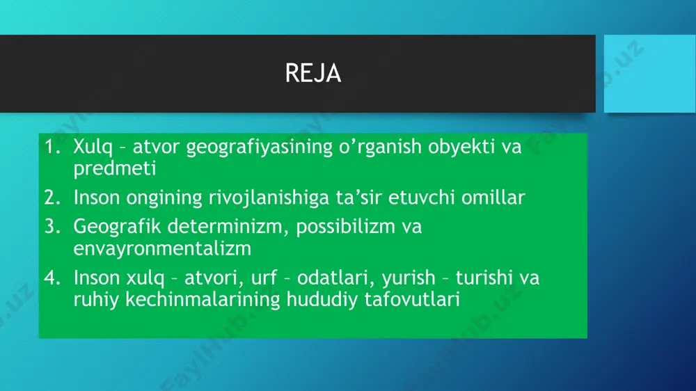 nizmining tabiatini tashqi muhit belgilaydi. jamiyat esa o’z qonun-qoidalari bilan odam tabiatini o’zgartirishi mumkin”. bundan shuni e’tirof etish mumkinki, gippokrat inson organizmiga ijtimoiy muhitning ta’sirini ham yaxshi anglagan. beruniy o’zining “qadimgi xalqlardan qolgan yodgorliklar” asarida birinchi bo’lib odam rangi, qiyofasi, tabiati va axloqi turlicha bo’lishini ular yashaydigan tuproq, suv, havo va yerga ham bog’liqligini ta’kidlab, geografik aloqadorlik g’oyasini ilgari suradi. beruniy fikricha, inson ichki va tashqi qiyofasi tabiat ta’sirining natijasidir. shu bilan birga, uning ichki qiyofasi cheksiz sa’y-harakatlar oqibatida tubdan o’zgartirishi mumkin. har bir kishi o’z xulq-atvorining sohibi ekanligi olim fikrlarida chuqur mushohada qilingan. abu ali ibn sino issiq o’lkalar tabiati va ularning inson jismiga ta’siri haqidagi fikrlarni o’z asarlarida ham uchratish mumkin. chunonchi, u issiq o’lkalarda odam tanasining qoramtirligi, sochlarining jingalakligi, havoda namlikning ko’p bug’lanishi natijasida keskin kamayib ketishi inson jismining tez qarishiga olib kelishini ta’kidlagan edi. olim pastlikda joylashgan hududlar aholisining doimiy issiqlik va dimlikda yashashlari, bunday o’lkalarda …