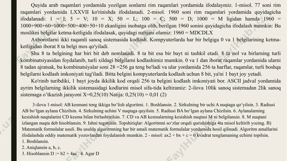 yozuvlardan foydalanish mumkin. 2 - misol: ax2 + bx + c = 0 kvadrat tenglamaning echimi topilsin. 1. boshlansin. 2. aniqlansin a, b, c. 3. hisoblansin d := b2 + 4ac . 4. agar d etiboringiz uchun rahmat. image1.png image2.png /docprops/thumbnail.jpeg