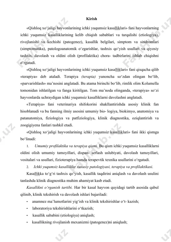 anlashda klinik diagnostika muhim ahamiyat kasb etadi. kasallikni o‘rganish tartibi. har bir kasal hayvon quyidagi tartib asosida qabul qilinib, klinik tekshirish va davolash ishlari bajariladi: · anamnez ma’lumotlarini yig‘ish va klinik tekshirishlar o‘t- kazish; · laboratoriya tekshirishlarini o‘tkazish; · kasallik sababini (etiologiya) aniqlash; · kasallikning rivojlanish mexanizmi (patogenez)ni aniqlash; · tekshirish natijalari asosida simptomatika, sindromatika va semiotikani aniqlash; · patologoanotomik o‘zgarishlarni o‘rganish va aniqlash; · davolashni tashkil etish; · oldini olish chora-tadbirlarini o‘tkazish; · tashxis va qiyosiy tashxisni aniqlash; · kasallikning oqibati qanday bo‘lishi mumkinligini bashorat qilish. «qishloq xojaligi hayvonlarining uchki yuqumsiz kasalliklari» fanining rivojlanish tarixi. hayvonlar kasalliklarini davolash bo‘yicha birinchi qomusiy to‘plam eramizdan 2000 yil ilgari misrda yaratilgan kaxun papirus qo‘lyozmalari to‘plami hisoblanadi. arastu (aristotel, eramizdan oldingi 384—322-yillar) qoramollarda o‘pka yallig‘lanishi, otlarda sanchiq kasalliklari, cho‘chqa va itlarda kuzatiladigan kasalliklarni davolash usullarini yozib qoldirgan. eramizning i asriga kelib, hindistonda ot va boshqa hayvonlar kasalliklarini davolash bo‘yicha traktat (qo‘lyozma)lar yozib qoldirilgan. …