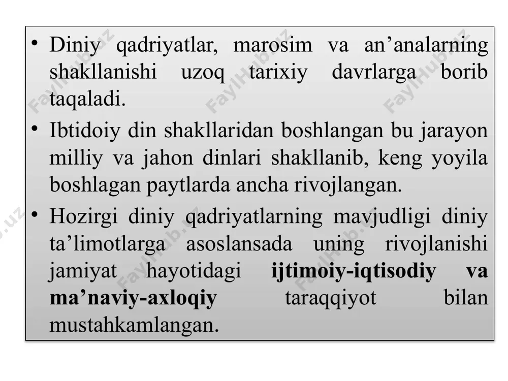 allashmang, bir-biringizga teskari bo‘lmang. ey allohning bandalari, hammangiz aka-uka bo‘linglar” dedilar. bundan ko‘rinib turibdiki, jamiki insonlar bir-birini hurmat qilishi, qo‘llab-quvvatlashi va o‘zaro nizolarga bormasliklari lozim. islom inson huquqlari haqida. shariat muxofazasidagi besh qadriyat: din, hayot, aql, mulk va nasl. islomning muqaddas manbalarida insonning taqdiri va hayoti alloh nomi bilan bog‘liq holda ifodalab beriladi. bunda yer yuzidagi barcha insonlarning alloh oldidagi tengligi g'oyasi, har bir insonga alloh tomonidan berilgan ne’matlardan ularning baravar foydalanishi zarurligi g‘oyasi bilan chambarchas bog‘lanib ketganini ko'ramiz. qur’oni karim va hadisi shariflarda insonning alloh va shariatdagi haq-huquqlari inson foydalanishi zarur bo‘lgan alohida huquqlar misolida ko‘rsatib berilgan. masalan, qur’oni karimning “baqara surasi”dagi 220-oyatda yetimlarning haqlari to’g’risida, 223, 228-229, 230-oyatlarida erkak va ayolning nikohga kirishi yoki nikohdan chiqish huquqi, “oli imron surasi”ning 20-oyatida islom diniga e ’tiqod qilish huquqi va insonning boshqa huquqlari shariat talablari asosida bayon qilingan. 256-oyatda islom dinining adolatliligi quyidagicha bayon etiladi: “dinda zo‘rlash yo‘q, zero, to‘g’ri …
