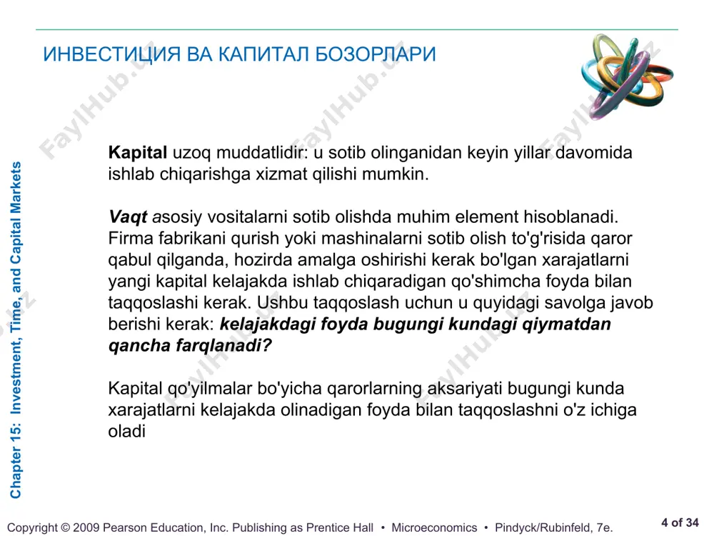 iymati qancha? 8 3 chapter 15: investment, time, and capital markets * of 34 copyright © 2009 pearson education, inc. publishing as prentice hall • microeconomics • pindyck/rubinfeld, 7e. qimmatli qog'ozlar aylanma kapital oqimi kapital aktsiya sifatida o'lchanadi. agar firma $10 million dollarlik elektromotorlar zavodiga egalik qilsa, biz uning 10 million dollarlik kapitaliga ega deb aytamiz. aytaylik, firma oyiga 8000 dona motorni har biri $52,50 dollardan sotmoqda. o'rtacha o'zgaruvchan xarajat birlik uchun $ 42,50 ni tashkil qiladi. o'rtacha foyda $ 52.50 - $ 42.50 = birlik uchun $ 10 va umumiy foyda oyiga $ 80 000. ushbu motorlarni ishlab chiqarish va sotish uchun firma sarmoyaga muhtoj, ya’ni $10 million dollarga quriladigan zavodga. firmaning 10 million dollarlik kapitali oyiga $80 000 dollar foyda oqimini olishga imkon beradi. ushbu fabrikaga $10 million dollarlik sarmoya to'g'ri qaror bo'ldimi? agar zavod 20 yil xizmat qilsa, unda biz quyidagi savolni berishimiz kerak: kelgusi 20 yil …