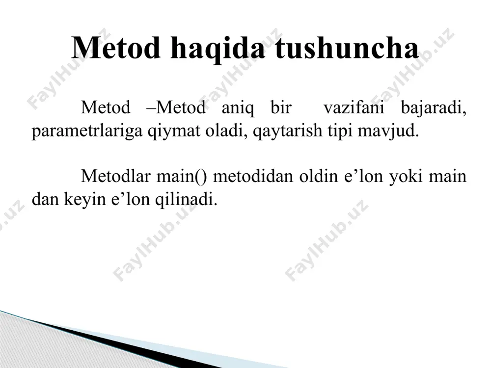 n natija qaytarish uchun return kalit so’zi ishlatiladi. int sum(int a, int b) { return a+b; } int x = “ob’ekt”.sum(10,5); system.out.print(“ob’ekt”. sum(3,5)); agar metod qiymat qaytarmaydigan bo’lsa tip o’rnida void kalit so’zi ishlatiladi. void hello() {system.out.print(“salom dunyo”); } metod prototipi dasturlashda dastur yozganda metodlar tipi, nomi, parametrlari bilan e’lon qilinishi mumkin. shu narsa metod prototipi deyiladi. keyin metod tanasi yozilishi shart. prototipning umumiy ko’rinishi: tip metod_name(tip var1, tip var2, ..., tip varn); metod prototipi abstrakt sinflarda va interfeyslarda ishlatiladi. bu sinflardan voris sinflar yaratilganda metodlar tanasi to’liq yoziladi. method overloading metod overloading – bitta metodning bir necha xil usul bilan e’lon qilinishi, yani metod parametrlari va qaytarish toifalari har xil. misol: public class hisoblash { ... public int sum(int a, int b) { ... } public double sum(double a, double b) { ... } public string sum(int a, string b) { ... } public int sum(int a) { ... …