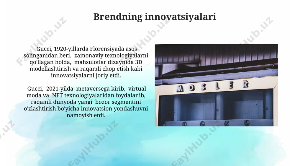 va eksklyuziv tadbirlar orqali (masalan, parijdagi moda haftaligi) eksklyuzivlik va hashamat tuyg'usini yaratishga qaratilgan noyob marketing strategiyasini qo'llaydi. brendning marketing strategiyasida influencer marketingi muhim o'rin tutadi; instagram va youtube kabi platformalarda 10 milliondan ortiq obunachiga ega ta'sirchan shaxslar bilan hamkorlik qilish orqali butun dunyo bo'ylab 500 milliondan ortiq odamga yetib boriladi. muvaffaqiyat omillari gucci brendi muvaffaqiyatining omillaridan biri, 1920-yillardan boshlab italiyaning florensiya shahrida boshlangan boy tarixi va an'anaviy hunarmandchilik bilan chambarchas bog'liqligi hisoblanadi. gucci o'zining hashamatli mahsulotlari va noyob dizaynlarini taqdim etishda 30% dan ortiq marketing byudjetini ijtimoiy media platformalariga sarflaydi, bu esa yosh avlodni jalb qilishda muhim rol o'ynaydi. mashhur gucci mahsulotlari gucci horsebit loferlari, 1950-yillardan beri o'zining o'ziga xos dizayni va yuqori sifatli terisidan foydalanilishi bilan butun dunyo bo'ylab 10 million dona sotilgan. gucci'ning 1950-yillarda italiyaning florensiya shahrida ishlab chiqarilgan bambus tutqichli sumkalari, o'zining noyob dizayni va mustahkamligi bilan mashhur bo'lib, bugungi kungacha millionlab nusxalarda sotilgan. gucci investitsiyalari …