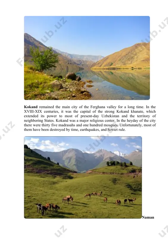 f the alai range is the mountain climate resort of hamzaabad. not far from namangan in the valley of the river cartaxi balneological spa resort "chartak", operating on the basis of iodine-bromine mineral waters, and in the mountain spurs of the chatkal ridge there is the valley river mountains, with numerous recreational areas. margilan margilan is one of the oldest trading cities in the ferghana valley one of the oldest cities in central asia is margilan. margilan turned 2000 years old in 2007. in the xi century, margilan was the largest city of the ferghana oasis, famous for its silk fabrics, which merchants exported to egypt and greece, baghdad, khorasan and kashgar along the great silk road. even today, margilan can be called the silk capital of uzbekistan. it produces the famous "khan-atlases", hand-woven and painted according to ancient technology. for the first time margilan is mentioned in written sources …