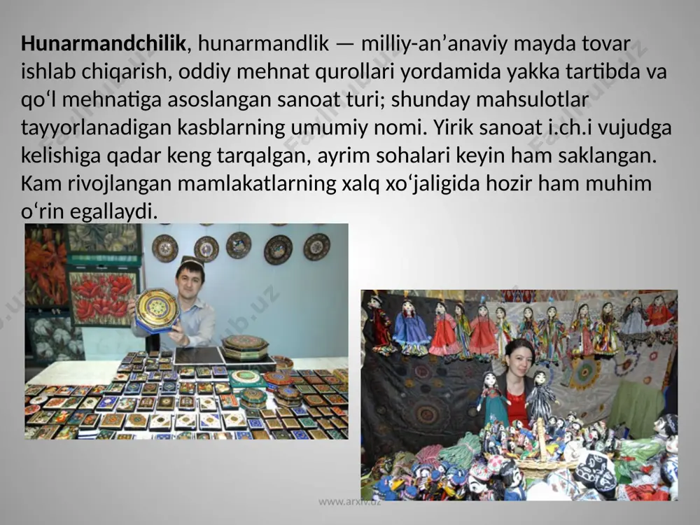 lay boshladi. natijada h.ning rivoji bozor iqtisodiyotining kapitalistik shaklini yuzaga keltirdi. h. yevropa shaharlarida sanoat rivojiga ham oʻz hissasini qoʻshdi (toʻqish dastgohlari takomillashdi, 14-a. oʻrtalarida germaniyada domna pechlarining paydo boʻlishi metallurgiyapa jiddiy oʻzgarishlarga olib keldi. 14—15-a.larda oʻq otar qurollar ishlab chiqarila boshlandi). kapitalistik i.ch. munosabatlari h.ning keyingi taraqqiyotiga zarba berdi, h.ning koʻpgina sohalari tush-kunlikka uchradi. sanoat toʻntarishi oqibatida tez va arzon ommaviy ishlab chiqarila boshlagan f-ka, zavod mahsulotlari h. mahsulotlarini bozordan siqib chiqardi. www.arxiv.uz xonlik hujjatlariga ko`ra, qo`qonda hunarmandchilikning miskar, zargar, o`ymakor, kulol, qog`ozgar, to`qimachi, do`ppi tikuvchi, kashtachi, ko`priksoz, temirchi, novvoy, aravasoz, baxmalbof, bo`yoqchi, dorukash, devorzan, degrez, ko`nchi, miltiqsoz, nayzagar, panjarasoz, pillakash, po`stindo`z, taqachi, paranjido`z, chevar, chitgar, gilamchi kabi turlari bo`lgan. xonlikda oltin ma`dani kosonsoy (namangan)dan, qoratog` shimolidagi ko`krev daryosidan, chirchiq daryosi bo`ylaridan, chotqol daryosi yuqori oqimlaridan olingan. samarqandda bo`lganidek, qo`qon xonligida ham qog`oz ishlab chiqarilgan. qog`oz juvozxonasi qo`qon shahrining mo`yi muborak darvozasi orqasida maqbara yonida joylashgan. www.arxiv.uz yurtimizda ota-bobolarimizdan …