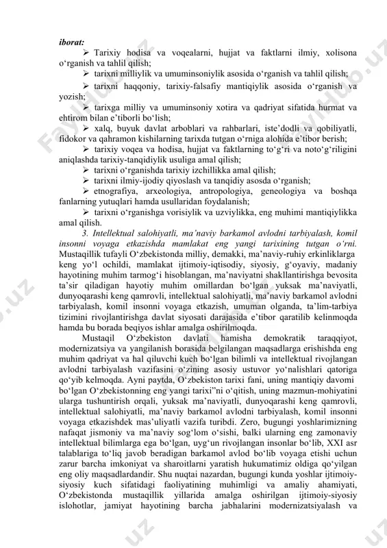 otlarini chuqurlashtirishga qaratilganligi bilan xarakterlanadi. 2017-yildan keyingi yillar — «o‘zbеkiston taraqqiyotining yangi bosqichga ko‘tarilishi». bu davr tarixi 2016-yil dekabr oyida saylangan o‘zbekiston prezidenti shavkat mirziyoyevning strategik taraqqiyotga asoslangan keng ko‘lamli islohotlar davri hisoblanadi. shuningdek, bu davrda ijtimoiy-siyosiy hayotimizga yangi iboralar, xususan, «xalq bilan muloqot», «harakatlar strategiyasi», «xalq qabulxonalari», «virtual qabulxona», «tanqidiy tahlil», «qat’iy tartib-intizom», «yo‘l xaritasi», «arzon uylar», «kafolatlangan xavfsizlik», «innovatsiya», «texnoparklar», «raqamli iqtisodiyot», «transformatsiya», «o‘zbеkistonda yangi uyg‘onish – uchinchi rеnеssans» kabi tushunchalar kirib keldi va hayotimizning ajralmas qismiga aylandi. 2. fanining predmeti, maqsad va vazifalari. uni o‘rganishning nazariy- uslubiy asoslari. oʼzbekistonning eng yangi tarixi fanida oʼzbekistonning davlat mustaqilligiga erishishi arafasida yuzaga kelgan murakkab vaziyat, respublika mustaqilligining eʼlon qilinishi, mustaqillik yillarida mamlakatda amalga oshirilayotgan ijtimoiy-siyosiy, iqtisodiy, maʼnaviy sohalardagi islohotlar va ularning bosqichlarini, oʼzbekistonning jahon hamjamiyatiga har tomonlama integratsiyasini, xavfsizlik, millatlararo totuvlik va diniy bagʼrikenglikni taʼminlash, tinchliksevar tashqi siyosat kabi masalalarning ilmiy va amaliy ahamiyati ochib beriladi. fanni oʼqitishning maqsadi – …