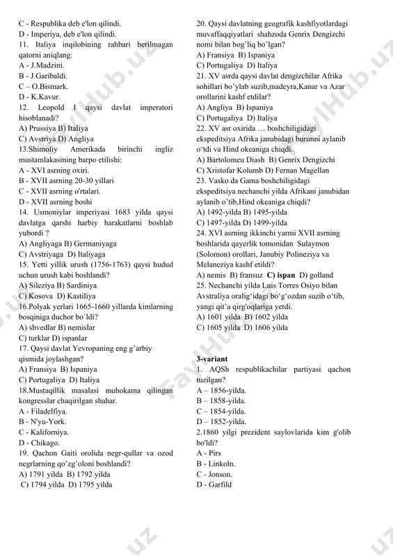 tuzishdan maqsad... a - yevropada inqilobga qarshi kurash. b. - yevropa mamlakatlarini birlashtirish. c - yevropada monarxiyani saqlab qolish. d - yevropa davlatlari va xristian diniga muvofiq bir birini qo'llab quvvatlash. 2. angliyada «ishchi ittifoqlari to'g'risida» qonun.-. a – 1822 yilda qabul qilindi. b - 1825 yilda qabul qilindi. c – 1827 yilda qabul qilindi. d – 1830 yilda qabul qilindi. 3.«sving» a - ingliz ishchilarining norozilik harakati. b - dehqonlarning yer egalariga qarshi harakati. c - fermerlarning lendlordlarga qarshi harakati. d - batraklar harakati. 4.angliyada sanoat to'ntarilishining nihoyasiga yetishi: a - xvii asrning 40-50 yillari. b - xix asrning 30-40 yillari. c - xvii asrning 30-40 yillari. d - xix asrning 20-30 yillari. 5. qaysi davlatda 1848 yil kоnstitutsiyasi хususiy mulkni daхlsiz dеb e’lоn qildi? a) angliyada b) germaniyada c) fransiyada d) italiyada 6. nechanchi yilda yevrоpada iqtisоdiy inqirоz boshlanadi? a) 1845 yilda b) 1847 yilda c) 1849 yilda …