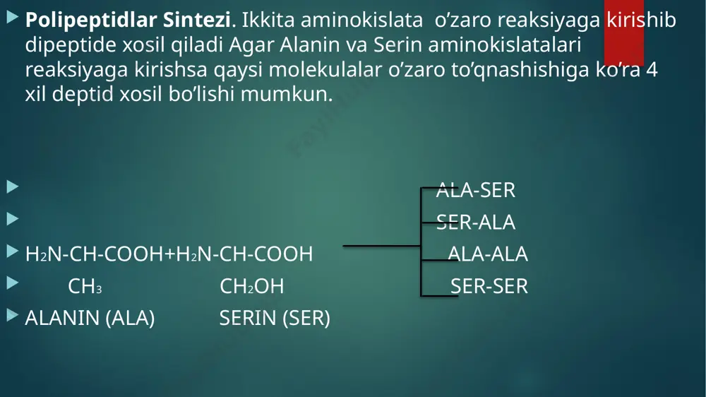 oqsillarni quritishda ular denaturatsiyaga uchraydi fibroin oqsilining fibrillar tuzilishi albuminning globular tuzulishi foldingning buzulishi bilan bog’liq bo’lgan kasalliklar --oqsillar giperproduksiyasi --hujayrada oqsil konformatsiyasini o’zgartiruvchi omillarni buzilishi va paydo bo’lishi --proteoliz jarayonlarining faollashishiva erimaydigan agregatlarni xosil qilishi -- mutatsiyalar yuz berishi -- masalan, alsxaymer kasalligi .prion kasalliklari. etiboringiz uchun rahmat. image6.png image7.png image8.png image9.png image10.png image11.png image12.png image2.png image3.png image4.png image5.png /docprops/thumbnail.jpeg