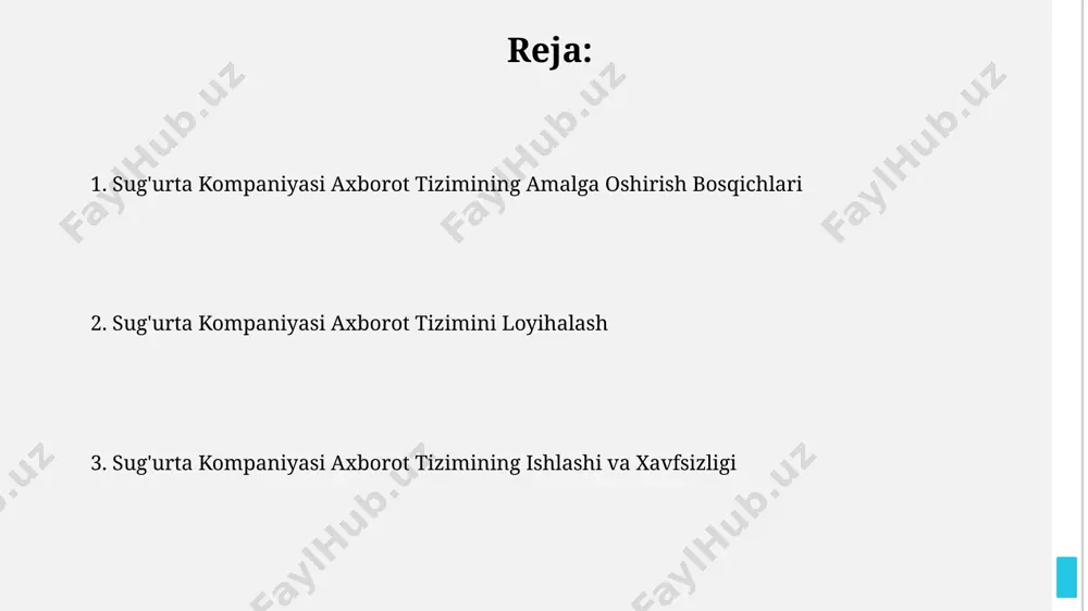 un 24/7 rejimida ishlaydigan 3 ta server xonasi va 5 nafar malakali mutaxassis jamoasi mavjud. kompaniyaning axborot tizimining ishonchliligini oshirish maqsadida 99,9% uptime kafolati va 2 soatdan oshmaydigan tiklash vaqti ta'minlanadi. tizimni joriy etish va ishga tushirish tizimning ishlashi va xavfsizligi uchun 99,9% uptime kafolati bilan 24/7 texnik qo'llab-quvvatlash xizmati ta'minlanadi. tizimni ishga tushirishdan oldin ma'lumotlar bazasini migratsiya qilish jarayoni 24 soat davom etadi va 5 tb ma'lumotni o'z ichiga oladi. integratsiya va migratsiya jarayonlari integratsiya jarayoni davomida 5 dan ortiq tizimlarni birlashtirish maqsadga muvofiq emas, chunki bu murakkablikni va xatolik ehtimolini oshiradi, shuning uchun bosqichma-bosqich yondashuv tavsiya etiladi. ma'lumotlar migratsiyasi jarayonida ma'lumotlar butunligini ta'minlash uchun kamida 2 marta zaxira nusxasi yaratish va tekshirish kerak, bu esa ma'lumotlar yo'qotilish xavfini kamaytiradi. sug'urta kompaniyasining axborot tizimini yaratishning boshlang'ich bosqichlari tizimning texnik talabnomasi (trl) ishlab chiqiladi, unda kamida 10 ta asosiy funksiya va 50 ta kichik funksiya, shuningdek, ma'lumotlar bazasi tuzilmasi tavsiflanadi. …