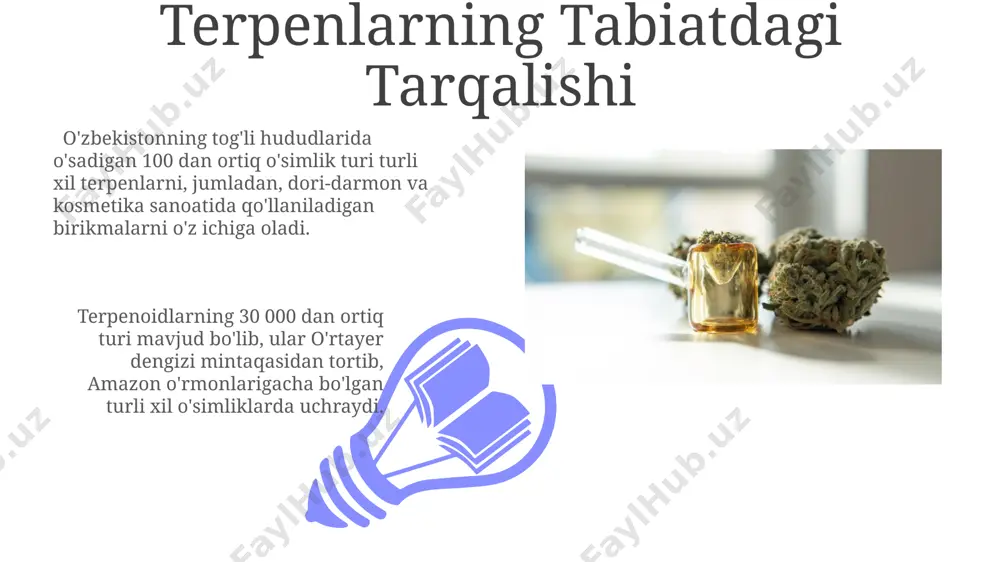 yatlari va steroidlarning yalligʻlanishga qarshi taʼsiriga oid 300 dan ortiq maʼlumot toʻplangan. terpenlar va steroidlarning ekologik ahamiyati dengiz ekotizimlarida, 3000 dan ortiq turdagi dengiz organizmlarida uchraydigan sterollar, suv sifati va planktonlarning muvozanatini saqlashda muhim rol o'ynaydi, masalan, qizil dengizda. terpenoidlar, masalan, fitol (xlorofill tarkibiy qismi), fotosintez jarayonida 100 dan ortiq o'simlik turlarida ishtirok etib, yer yuzidagi kislorod balansini saqlashga hissa qo'shadi. terpenlar va steroidlarning tibbiy ahamiyati terpenlardan olingan 100 dan ortiq birikma, jumladan limonen va pinen kabi tarkibiy qismlar, dunyo bo'ylab, ayniqsa, o'zbekiston va hindiston kabi mamlakatlarda an'anaviy tibbiyotda qo'llaniladi. taxminan 3000 dan ortiq turdagi terpenoidlar mavjud bo'lib, ularning ayrimlari, masalan, taksol, saraton kasalligini davolashda aqsh va yevropa mamlakatlarida qo'llaniladigan muhim dori-darmonlarini ishlab chiqarishda ishlatiladi. terpenlarning turlari va xossalari 01 02 seskviterpenlar (c15h24) esa 3 ta izopren birligidan iborat boʻlib, masalan, farnesen kabi, oʻsimliklarning himoya mexanizmlarida, ayniqsa, janubiy amerika oʻsimliklarida muhim rol oʻynaydi. sales 1st qtr 2nd qtr 100 0 …