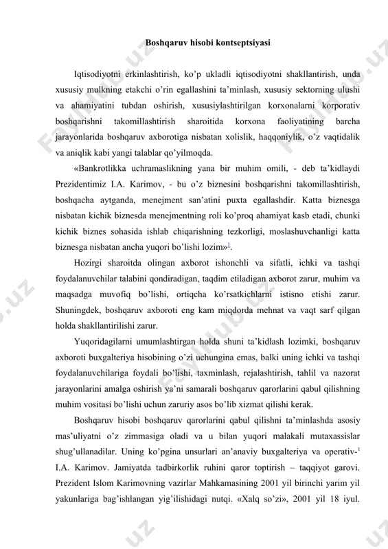 an’anaviy buxgalteriya va operativ-1 i.a. karimov. jamiyatda tadbirkorlik ruhini qaror toptirish – taqqiyot garovi. prezident islom karimovning vazirlar mahkamasining 2001 yil birinchi yarim yil yakunlariga bag’ishlangan yig’ilishidagi nutqi. «xalq so’zi», 2001 yil 18 iyul. texnik hisob, iqtisodiy tahlil tarkibiga kiradi. shu bilan birga, o’zbekiston hisob amaliyoti byudjetlashtirish, loyihalarni tahlil qilish, xarajatlarni strategik boshqarish, transfert bahoni shakllantirish, mahsulotni sotishning zararsizlik nuqtasini aniqlash, ichki hisob va auditni metodikasi, istiqbolli taxminlash kabi katta imkoniyatlardan foydalanilmayapti va h.k. buning sabablaridan biri, boshqaruv hisobi o’zbekistonda amal qilayotgan qonuniy va me’yoriy hujjatlarda o’z aksini topmaganidir. masalan, “buxgalteriya hisobi to’g’risida”gi o’zbekiston respublikasi o’onunida asosan buxgalteriya hisobi to’g’risida so’z yuritilgan, unda moliyaviy, boshqaruv va soliqlar hisobi kabi buxgalteriya hisobining mustaqil tarkibiy qismlari yoritilmagan. boshqaruv hisobining mohiyati va ahamiyatini chuqurroq tasavvur etish uchun uning tarixiy rivojlanishini tahlil qilish zarur. boshqaruv hisobining paydo bo’lishi hamda shakllanishini kalkulyatsiya va ishlab chiqarish hisoblarini rivojlanishi tarixidan ajralgan holda tasavvur etish qiyin. ayrim mualliflarning …
