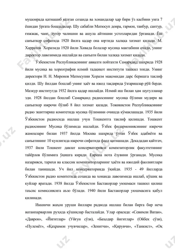 ъсис комиссиясига аъзо бўлади. 1940 йили бастакорлар уюшмасига қабул қилинади. иккинчи жаҳон уруши йиллари радиода ишлаш билан бирга бир неча ватанпарварлик руҳида қўшиқлар басталайди. улар орасида: «севимли ватан», «даврон», «йигитлар» (уйғун сўзи), «баҳодир йигитлар» (ойбек сўзи), «пулемёт», «қаҳрамон учувчилар», «зенитчи», «қирувчи», «танкист», «оқ олтин» (зафар диёр сўзлари), «даврон бизники» (а. бобожонов сўзи), рақс «фарҳод уфори» номли қўшиқлари ва рақс мусиқалари якка хонанда, хор ва рақс жамоаларининг репертуарларидан жой олдилар. бастакор ва шоир матюсуф харратов (чокар) ўз замонасининг забардаст ва илғор фикрли санъаткори сифатида қайноқ ҳаёт ичида яшади ва унинг ижодида ўша даврдаги ижтимоий - сиёсий, маданий ҳаёт ўз ифодасини топди. бастакор 1929 - 41 йилга қадар ўзининг шеърларига куйлар басталади: «колхозчи», «ғайратим пахтага», «зиндабод деҳқони», «пахтага аҳамият беринг», «чиндани пахта», «пахтачилик яшнасин», «пахта терамиз», «колхозга борайлик», абдуллаев сўзига «менинг тоғим» ва ўз сўзига «ўзинг», «муҳаббатим», «шаҳло кўзлар», «ёшлик туйғуси» каби лирик ашулалар ҳам яратди. 1937 йили москвада ўтказилган декадада унинг …