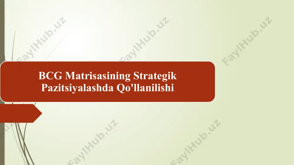 ash raqobat ustunligini ta’minlashda asosiy omillardan biridir. shu sababli bcg matritsasini amaliyotda to‘g‘ri qo‘llash korxonaning uzoq muddatli muvaffaqiyatini kafolatlaydi. strategik boshqaruv tushunchasi – nazariy asoslar strategik boshqaruv — bu korxona yoki tashkilotning uzoq muddatli maqsadlariga erishishini ta’minlash uchun tashqi va ichki muhitni tahlil qilish, resurslarni taqsimlash hamda samarali strategiyalar ishlab chiqish jarayonidir. uning asosiy vazifasi — korxona faoliyatini nafaqat hozirgi sharoitda, balki kelajak istiqbollarini hisobga olgan holda yo‘naltirishdir. strategik boshqaruv yordamida korxona o‘z kuchli va zaif tomonlarini aniqlaydi, tashqi muhitdagi imkoniyatlar va xavflarni baholaydi hamda ularga mos keluvchi strategiyalarni ishlab chiqadi. nazariy jihatdan strategik boshqaruv quyidagi elementlardan iborat: missiya va vizion – korxonaning maqsadlari va kelajakdagi yo‘nalishini belgilash. ichki muhit tahlili – kuchli va zaif tomonlarni aniqlash. tashqi muhit tahlili – imkoniyatlar va xavflarni baholash. strategiyani tanlash – raqobat ustunligini ta’minlaydigan yo‘nalishlarni belgilash. strategiyani amalga oshirish – rejalashtirilgan choralarni hayotga tatbiq etish. nazorat va baholash – erishilgan natijalarni doimiy monitoring …