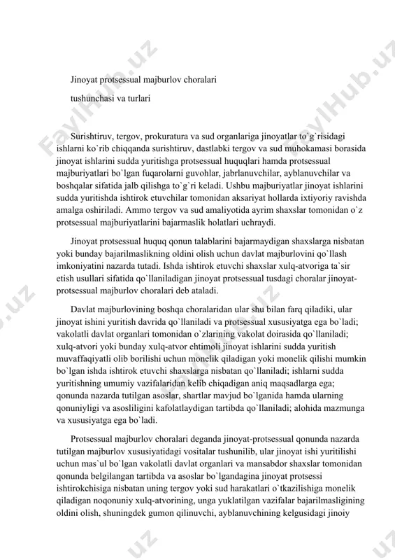 falaridan kelib chiqadigan aniq maqsadlarga ega; qonunda nazarda tutilgan asoslar, shartlar mavjud bo`lganida hamda ularning qonuniyligi va asosliligini kafolatlaydigan tartibda qo`llaniladi; alohida mazmunga va xususiyatga ega bo`ladi. protsessual majburlov choralari deganda jinoyat-protsessual qonunda nazarda tutilgan majburlov xususiyatidagi vositalar tushunilib, ular jinoyat ishi yuritilishi uchun mas`ul bo`lgan vakolatli davlat organlari va mansabdor shaxslar tomonidan qonunda belgilangan tartibda va asoslar bo`lgandagina jinoyat protsessi ishtirokchisiga nisbatan uning tergov yoki sud harakatlari o`tkazilishiga monelik qiladigan noqonuniy xulq-atvorining, unga yuklatilgan vazifalar bajarilmasligining oldini olish, shuningdek gumon qilinuvchi, ayblanuvchining kelgusidagi jinoiy faoliyatiga chek qo`yish hamda jinoyat ishlarini sudda yuritish boshqa vazifalarini bajarish maqsadida qo`llaniladi. barcha jinoyat protsessual majburlov choralari uchun ular qo`llaniladigan shaxslarning irodasi va xohishidan qat`i nazar amalga oshirilish imkoniyati umumiy hisoblanadi. lekin bunday imkoniyat hamma vaqtda ham amalda ro`yobga chiqmaydi, chunki fuqarolar ko`pincha mansabdor shaxsning o`z majburiyatlarini bajarishiga nafaqat monelik qilmaydi, balki ixtiyoriy va ongli ravishda huquq me`yorlarining ko`rsatmalarini bajaradilar. majburlov fuqarolarning shaxsiy, mulkiy …